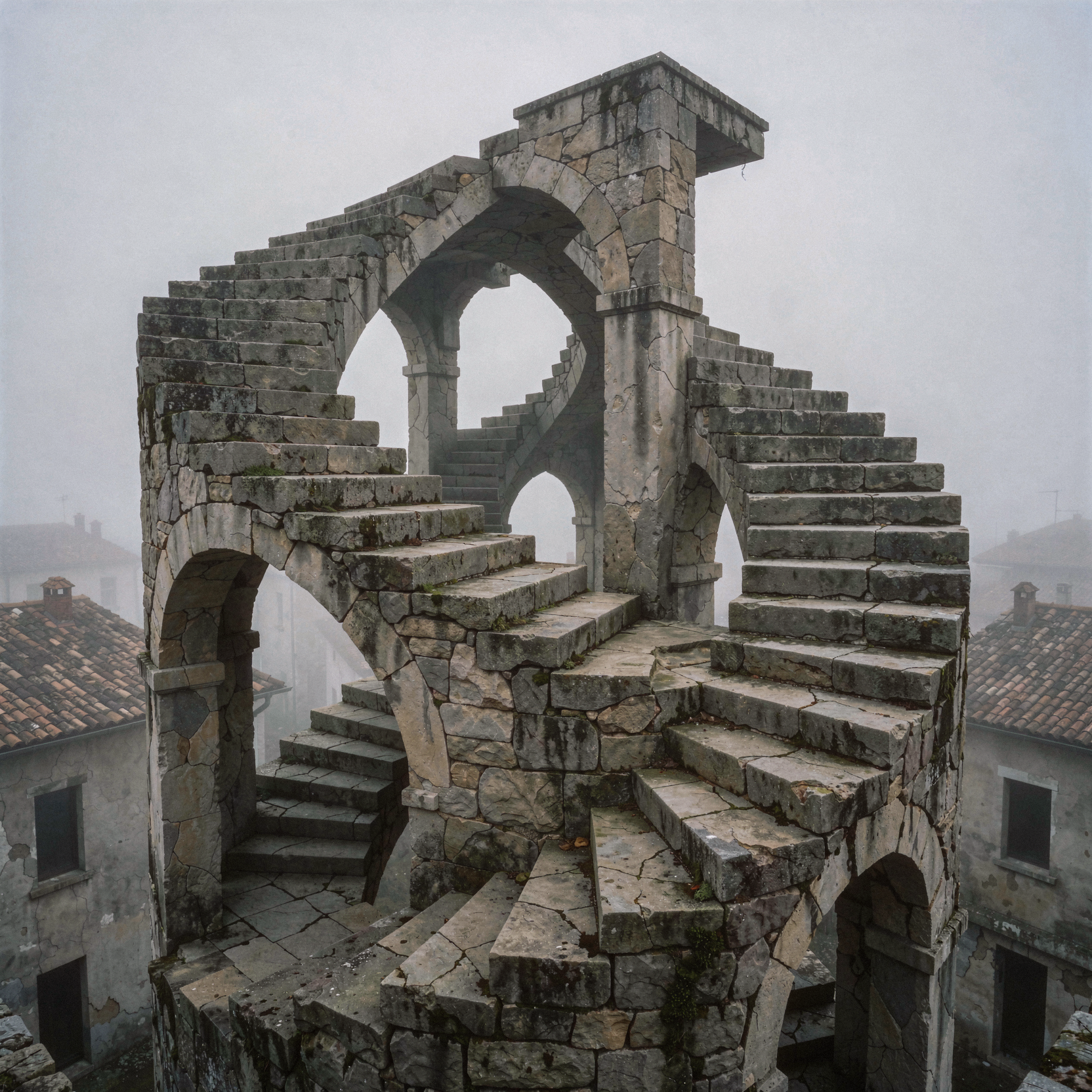 a realistic architectural photograph of an endless, recursive staircase spiraling upward in the style of M.C. Escher, constructed from weathered grey stone with impossible geometry that folds back upon itself, set within a desolate, fog-drenched alternate reality of San Torino where the sky is a flat, overcast slate and the surrounding buildings are silent and abandoned, soft diffused daylight illuminating the intricate tessellations of the steps, natural unretouched stone texture with visible moss growth and erosion, shot on 35mm Kodak Portra 400 with fine visible film grain, slight handheld framing imperfection