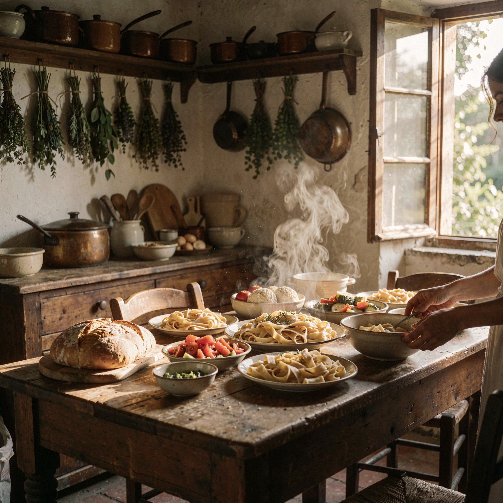 a realistic editorial photograph of a rustic Italian countryside kitchen in late summer, where a heavy wooden table is laden with a feast of homemade pasta, roasted vegetables, and crusty bread, while the walls are lined with drying herbs and vintage copper pots; the scene breathes with the warmth of the season, sunlight streaming through an open window to illuminate dust motes dancing above the food, natural unretouched skin texture on a woman’s hands resting gently near a bowl, worn wood grain and matte ceramic surfaces, shot on 35mm Kodak Portra 400 with fine visible film grain, slight handheld framing imperfection, warm golden-hour sunlight casting soft diffused shadows, gentle motion blur on a rising wisp of steam.