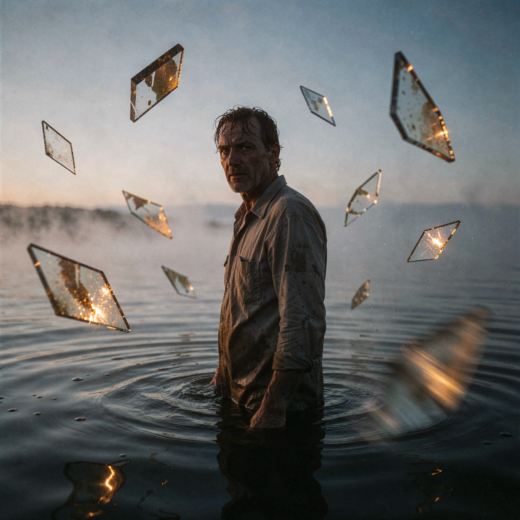 a realistic editorial photograph of a solitary fisherman standing waist-deep in dark, still water at twilight, his silhouette merging with the distant horizon where the sky and sea become indistinguishable, translucent geometric shards of glass-like memory fragments floating suspended in the air around him, each shard reflecting warm amber light that contrasts with the cool blue surroundings, the horizon line subtly warping as if breathing, soft mist rising from the water surface blending with the fragments, natural unretouched skin texture with subtle tonal variation on the fisherman's weathered face turned toward the viewer, individual strands of wet hair clinging to his forehead, worn cotton shirt fabric heavy with moisture, shot on 35mm Kodak Portra 400 with fine visible film grain, slight handheld framing imperfection, gentle motion blur on a moving element.