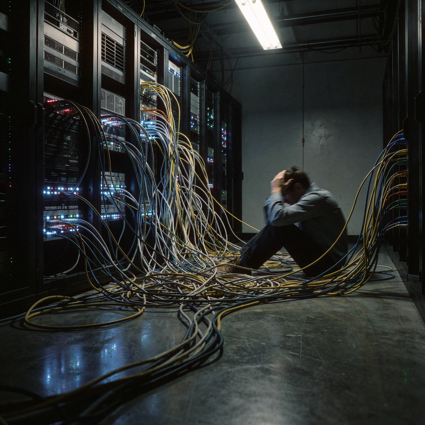 a realistic documentary photograph of a tangled nest of ethernet cables snaking across a dark polished concrete floor in a windowless server room, where one cable ends abruptly into empty air while others plug into blinking rack-mounted ports. A lone technician sits on the floor amidst the cabling, head resting in hands, exhausted and debugging the invisible connection failure, surrounded by the hum of machinery. The composition emphasizes the chaotic geometry of the wires against the rigid grid of the server racks. Cool blue LED light from the equipment casts long shadows across the scene, contrasting with a harsh overhead fluorescent strip. Shot on 35mm Kodak Portra 400 with fine visible film grain, slight handheld framing imperfection and gentle motion blur on the technician's slumped posture.