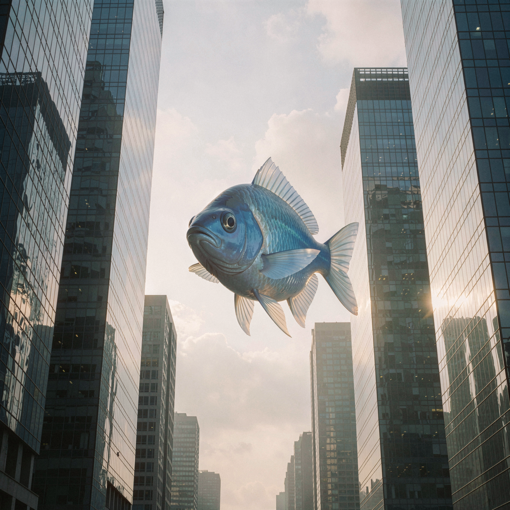 a realistic editorial photograph of a massive translucent blue fish, the size of a city bus, suspended motionless in mid-air between towering glass skyscrapers. The fish has delicate fins and large expressive eyes, its body semi-transparent revealing faint internal structures, floating calmly like a balloon caught in an updraft. Surrounding it are sleek modern high-rises with reflective windows showing distorted reflections of the sky, their bases lost in atmospheric haze below. The scene is bathed in soft overcast daylight that diffuses through the urban canyon, creating gentle gradients on the building facades and subtle rim lighting along the fish's edges. Shot on 35mm Kodak Portra 400 with fine visible film grain, slight handheld framing imperfection, natural unretouched skin texture with realistic highlights, smooth continuous tonal gradients in the sky with clean cloud edges dissolving gently into the air, dust motes drifting slowly through shafts of light between buildings.