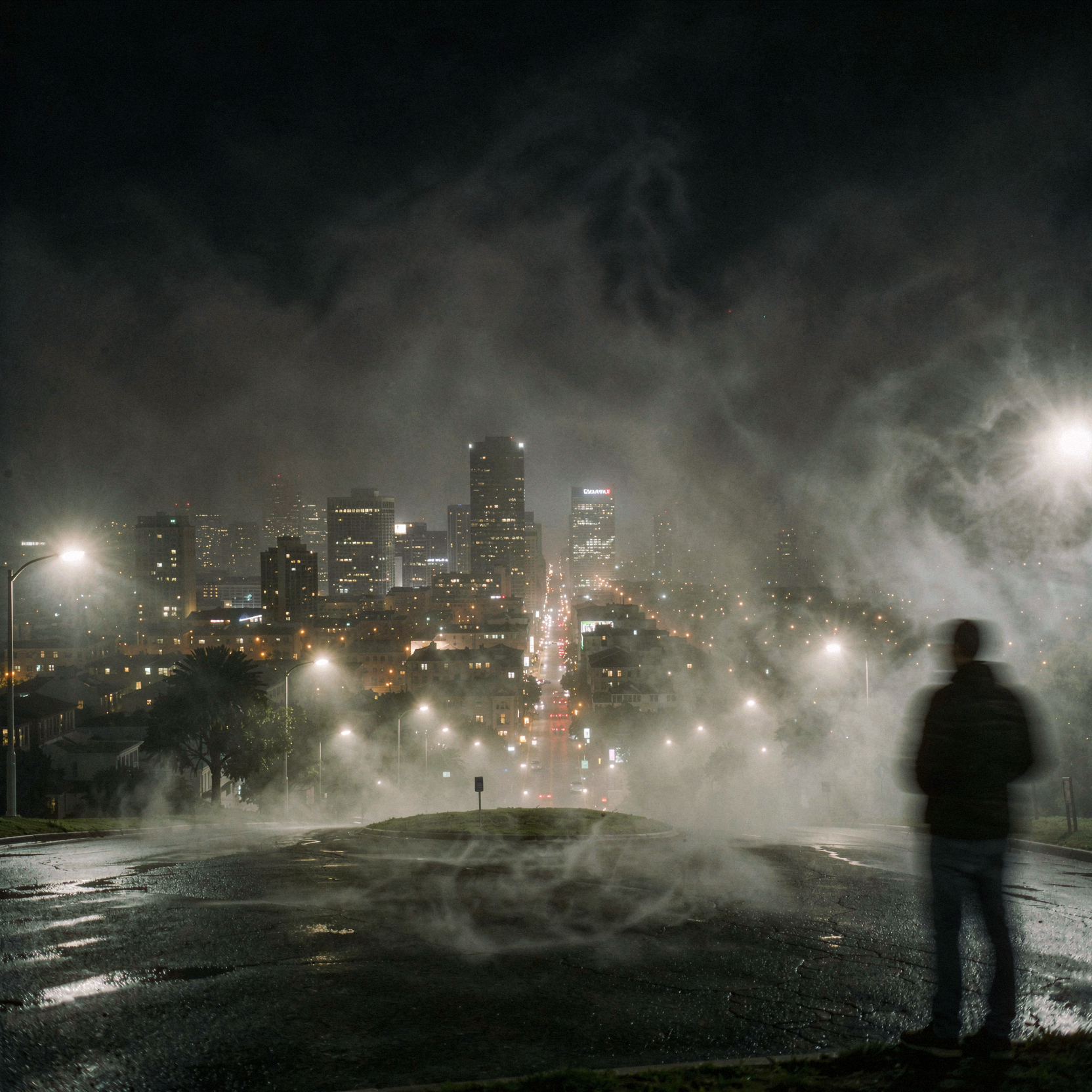 a candid documentary photograph of a fog-laden hill crest at night, heavy winds driving thick mist from the bay deep into the dark city center below, the urban skyline dissolving into the swirling gray vapor under a moonless sky, streetlights casting faint halos through the dense atmosphere, wet asphalt reflecting the diffused glow, natural unretouched skin texture on a solitary figure standing at the edge of the frame, blurred by motion and distance, shot on 35mm Kodak Portra 400 with fine visible film grain, slight handheld framing imperfection, gentle motion blur on the moving mist.