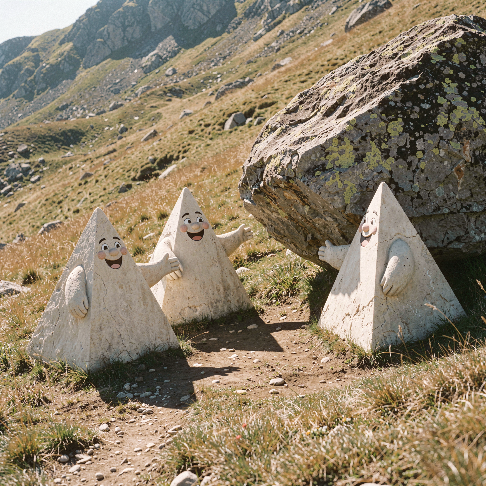 a candid documentary photograph of three cheerful, anthropomorphic stone pyramid creatures with smooth limestone surfaces and happy painted faces, standing on a sun-drenched alpine slope. One pyramid creature gestures invitingly toward a massive boulder balanced precariously on a gentle incline, while another leans against the rock as if mid-conversation. The scene captures a surreal morning game of boulder rolling, with the geometric figures casting sharp shadows on the dry grass. Shot on 35mm Kodak Portra 400 with fine visible film grain, slight handheld framing imperfection, and bright natural sunlight creating high contrast.