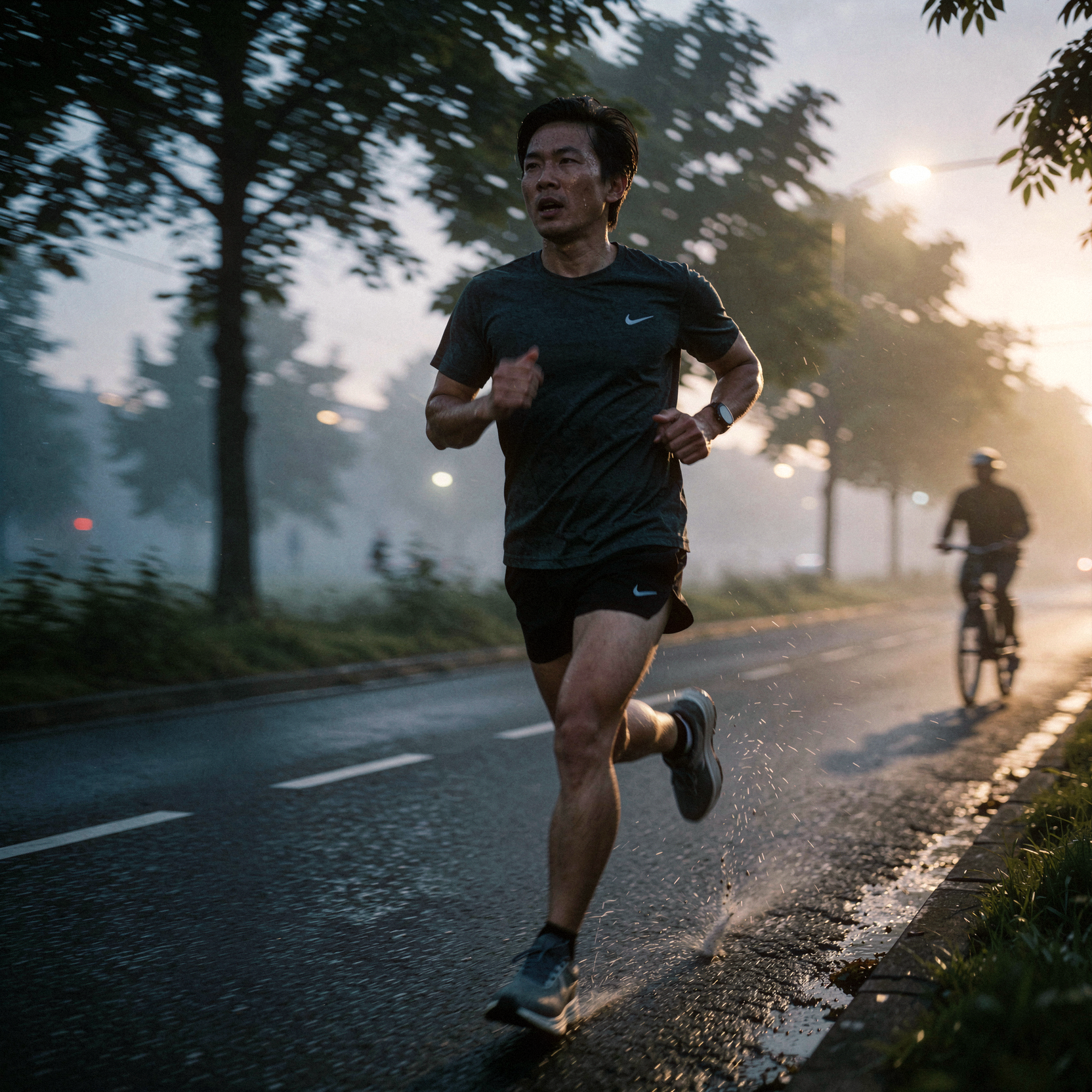 a realistic candid photograph of a runner mid-stride on a wet asphalt road at dawn, captured with a fast shutter speed that freezes the motion while blurring the passing background trees. The runner's face shows intense focus and exertion, mouth open in a deep breath, chest heaving rhythmically as they take in large gulps of cold air. Sweat glistens on their forehead and neck, highlighting natural skin texture and visible pores. Their running shoes kick up fine spray from the damp pavement. Soft morning light filters through the mist, creating a hazy atmosphere with cool blue tones contrasting against the warm glow of streetlights fading in the distance. Shot on 35mm film stock with pronounced grain in the shadows, slight motion blur on the rotating wheels of a distant bicycle, and realistic lens flare from the rising sun.