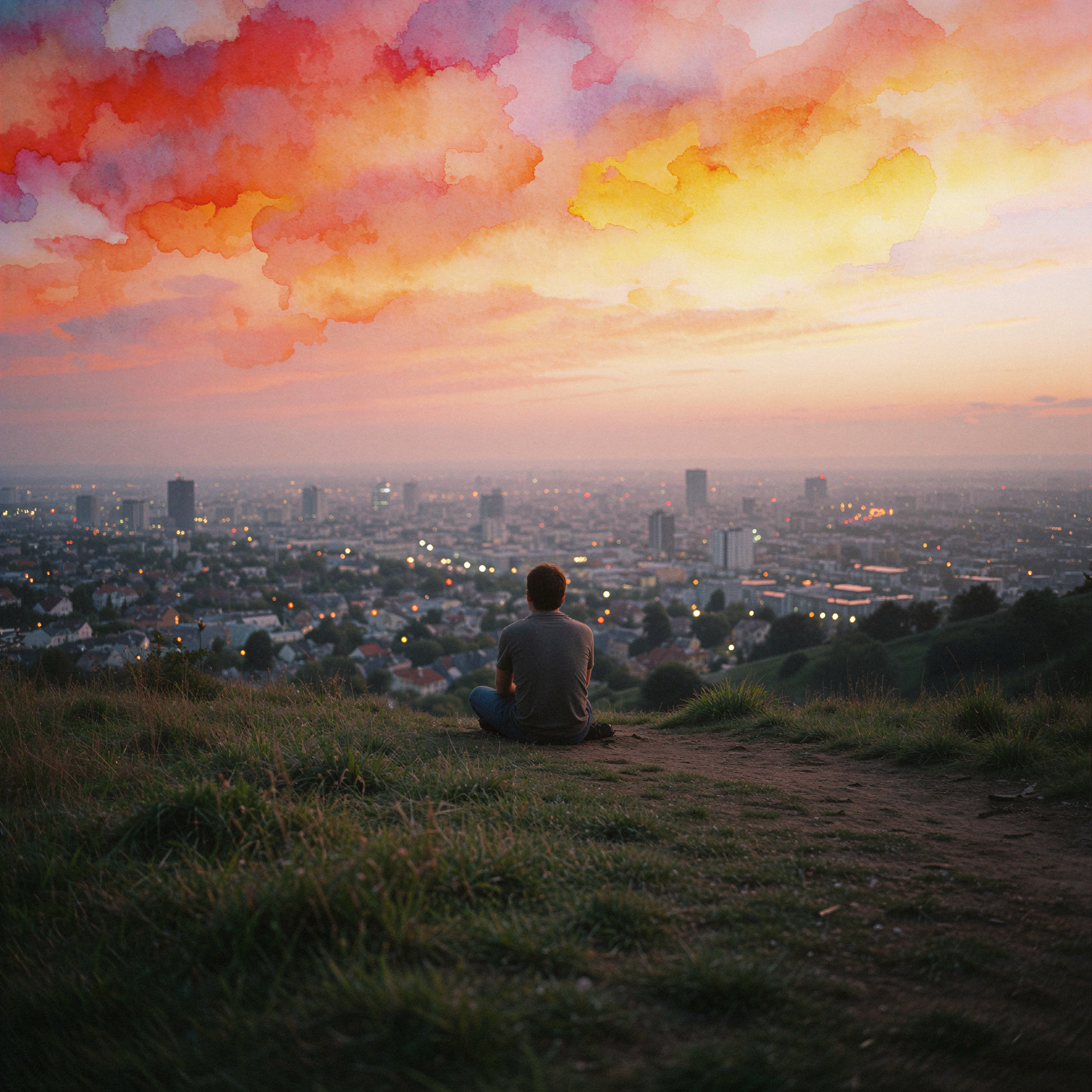a candid documentary photograph of a solitary figure sitting on a grassy hilltop, gazing out over a sprawling cityscape below during twilight. The sky above is filled with vibrant watercolor-like shades of orange, red, yellow, and purple blending softly into the horizon. The subject sits in relaxed contemplation, back to the camera, small against the vast landscape. Soft diffused ambient light from the setting sun illuminates the scene with a warm muted tone. The foreground shows textured grass and earth, while the distant city lights begin to twinkle. Shot on 35mm Kodak Portra 400 with fine visible film grain and slight handheld framing imperfection.