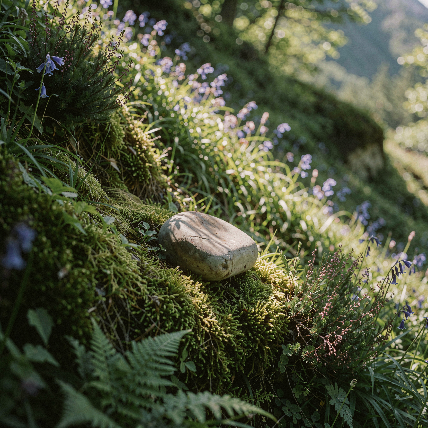 a realistic editorial photograph of a small, smooth, polished river stone resting on a steep, vibrant alpine slope covered in dense emerald moss and blooming wildflowers. The rock is positioned mid-descent on the incline, surrounded by a lush tapestry of ferns, heather, and bright bluebells that blur softly into the background. Sunlight filters through the canopy above, casting dappled patterns on the stone’s matte surface and the surrounding vegetation. The depth of field is shallow, focusing sharply on the rock’s rounded texture while the mountain landscape recedes into a dreamy, verdant haze. Shot on 35mm Kodak Portra 400 with fine visible film grain, slight handheld framing imperfection, natural unretouched skin texture not applicable, realistic material response with subtle tonal variation in the foliage and stone.