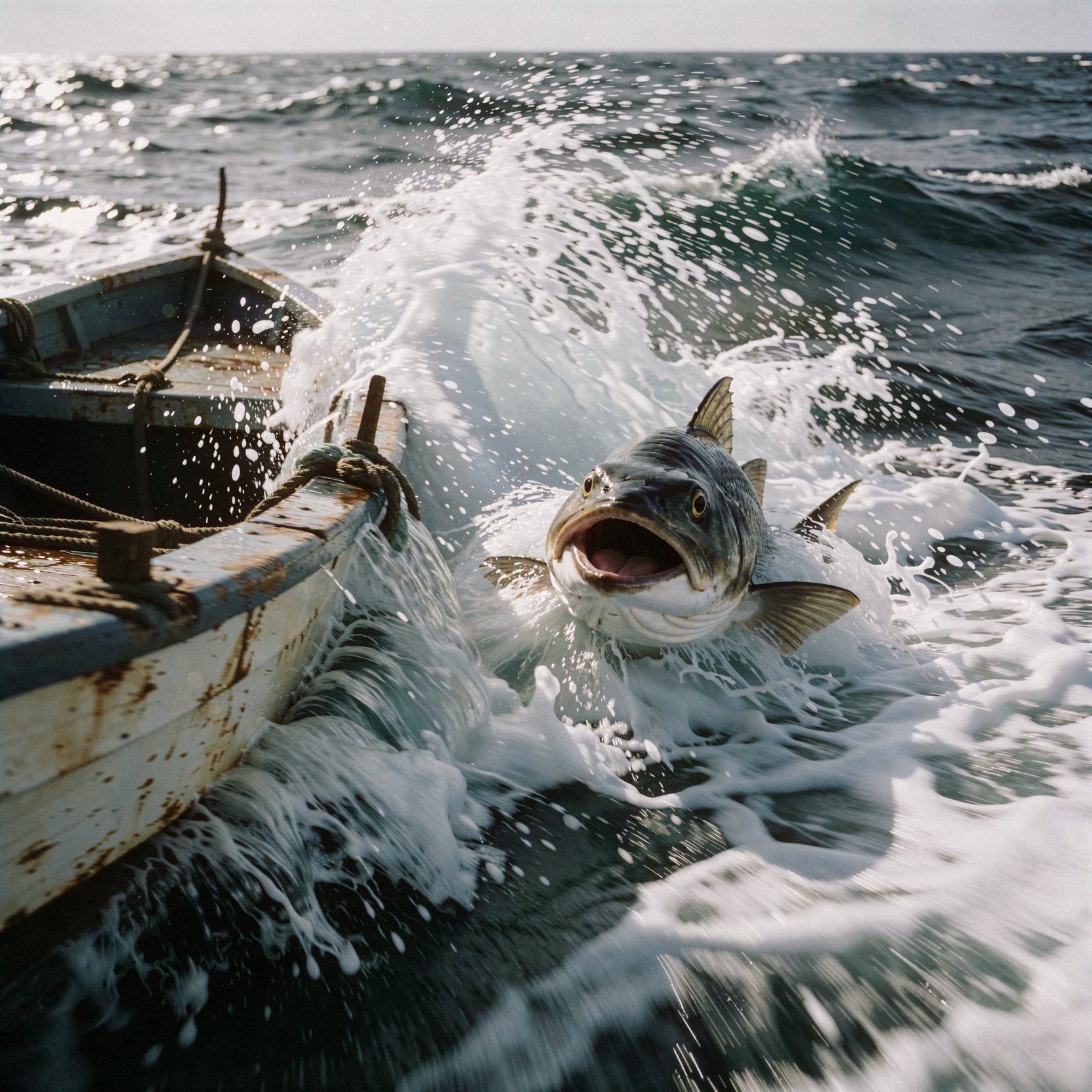 a realistic documentary photograph of a small weathered fishing boat battling rough ocean waves, water splashing dramatically around the hull. a large anthropomorphic fish with a distinct laughing expression emerges from the white foam, facing the camera with a triumphant look. the scene captures the raw power of nature with turbulent dark blue-green water and sea spray filling the air. handheld shot with slight motion blur on the moving water and fish, creating a sense of chaotic energy. natural overcast daylight provides soft diffuse lighting with high contrast between the white foam and dark water. wet surfaces show realistic reflections and droplets. shot on 35mm Kodak Portra 400 with fine visible film grain and slight halation around bright highlights.