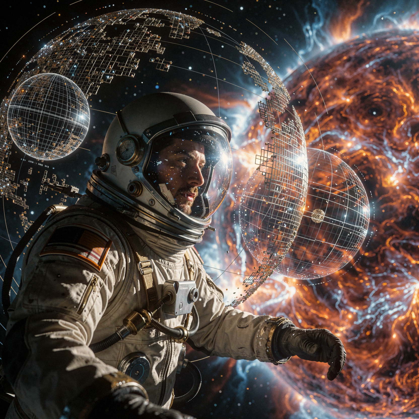 a realistic editorial photograph of a man in a sleek, worn pressure suit hovering silently in the vacuum of space, his helmet visor reflecting the complex geometric wireframes of coordinate spheres and voxel grids that overlay the starfield like a tangible heads-up display. He is paused mid-drift, body oriented toward a massive nearby star whose turbulent solar corona dances violently in vibrant oranges and electric blues, filling the background with awe-inspiring energy. The scene merges digital abstraction with physical reality, as the floating data structures appear to be made of hard light and metallic lattice. Soft directional sunlight illuminates the suit’s textured fabric and scratched visor, creating deep shadows and bright specular highlights. shot on 35mm Kodak Portra 400 with fine visible film grain, slight motion blur on the drifting data particles, natural skin texture visible through the transparent helmet interior, subtle lens flare from the star.