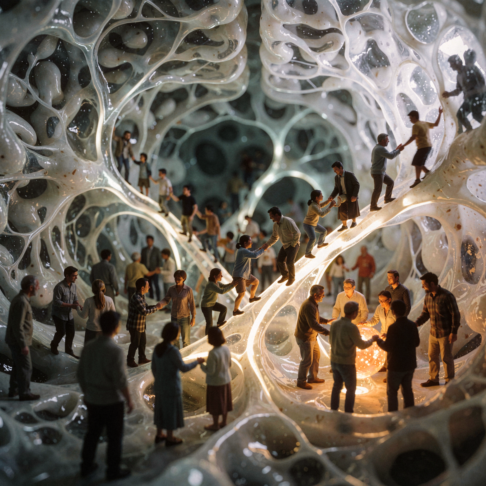a candid documentary photograph of a surreal interior where the walls are composed of translucent, pulsing neural tissue resembling a colossal brain, populated by a dense community of tiny human figures moving through vast synaptic gaps. The miniature people, diverse in age and gender, engage in acts of profound compassion—helping one another climb over bridges made of glowing dendrites and sharing warmth in hollows of soft grey matter. The scene captures the microscopic world existing within a macroscopic mind, with bioluminescent axons providing an ethereal, cool-toned ambient light that contrasts with the warm, golden glow emanating from the small groups of people. The texture of the neural environment is wet, organic, and detailed, while the figures are sharply focused in the foreground. Shot on 35mm Kodak Portra 400 with fine visible film grain, slight handheld framing imperfection, and gentle motion blur on the moving figures.