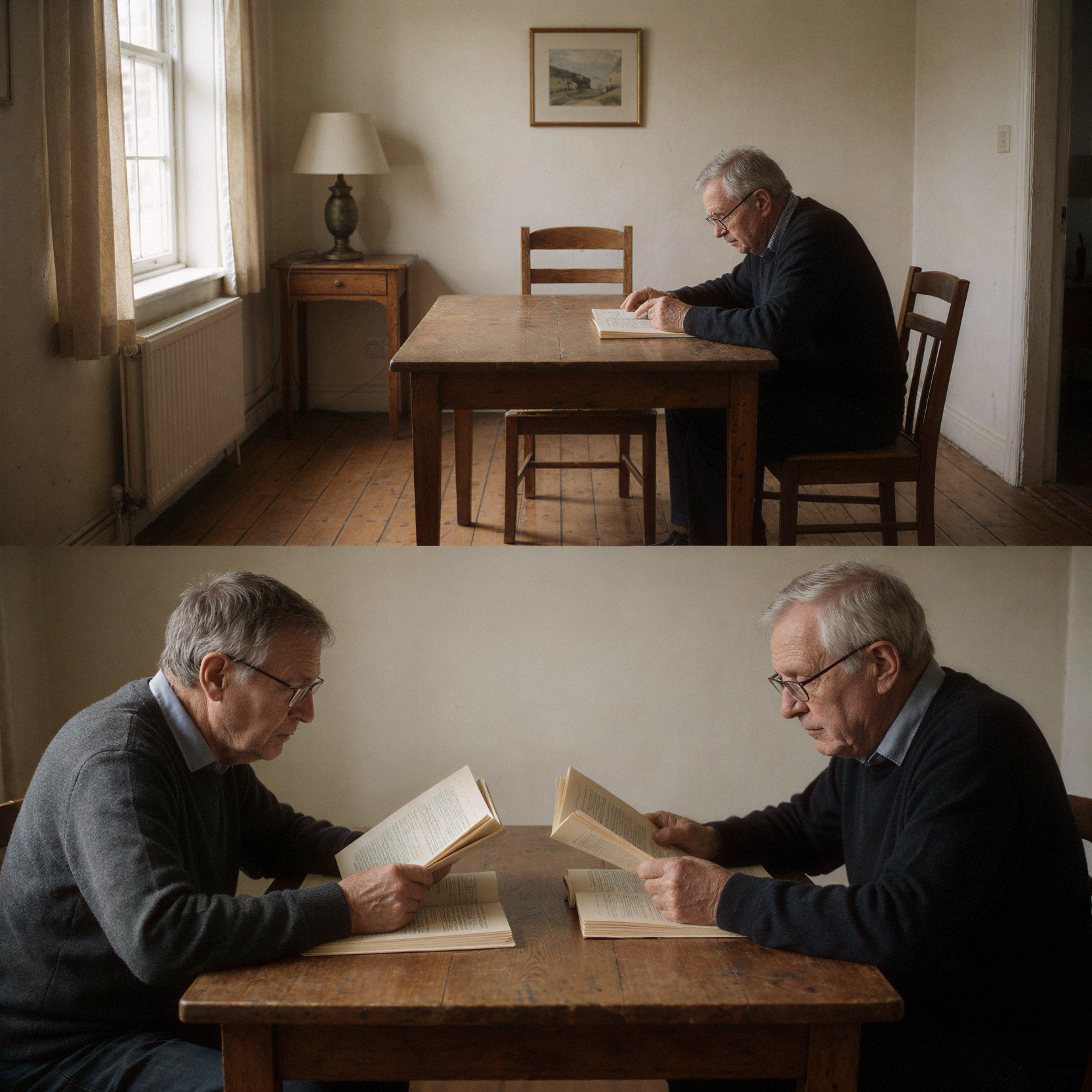 a realistic documentary photograph of a split-level composition showing the passage of time within a single reading moment. In the foreground