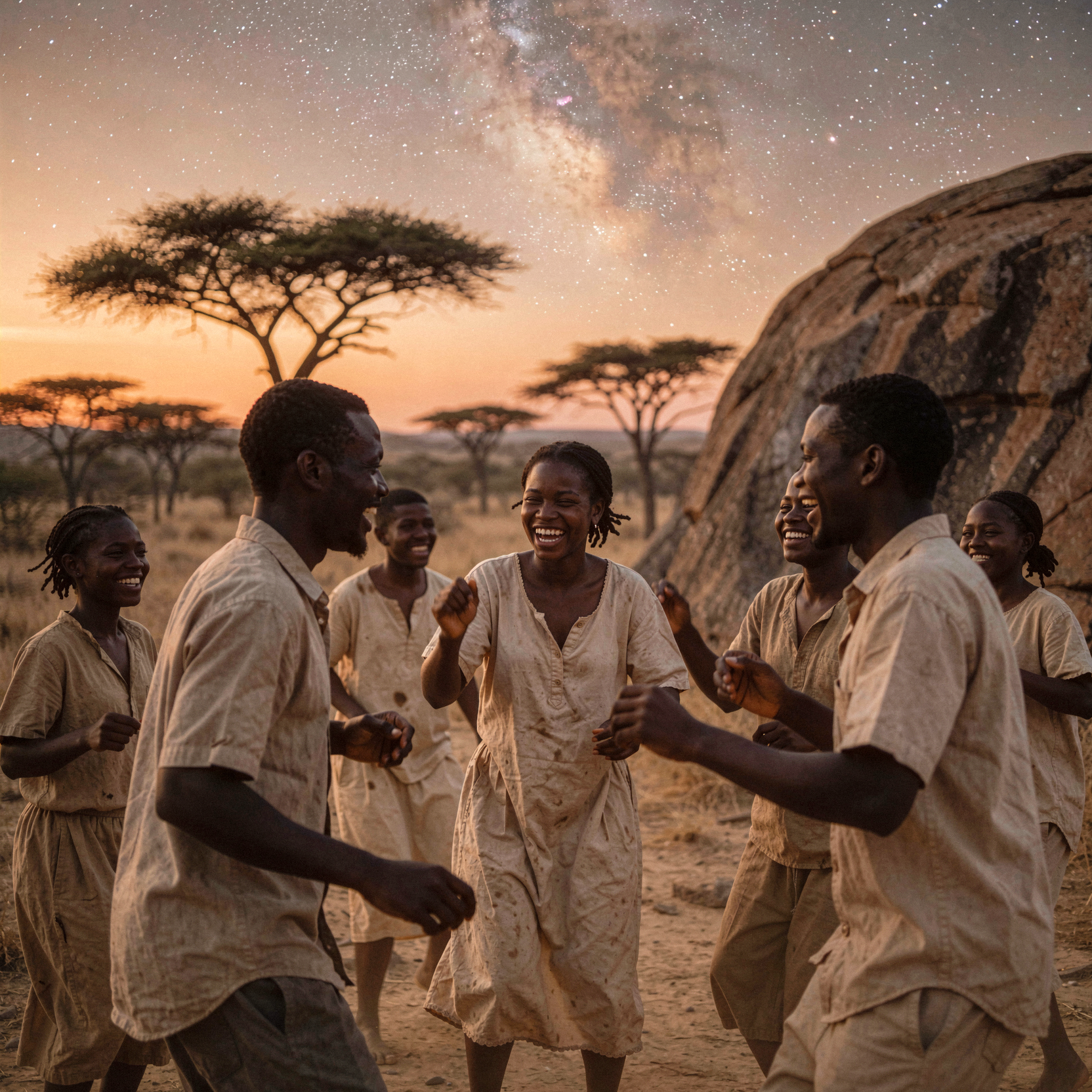 a candid documentary photograph of a group of friends dancing on an African savannah at twilight, their bodies caught in mid-motion with joyous expressions, yet their limbs and clothing subtly dissolve into translucent sepia-toned memories of childhood, merging the present celebration with ghostly echoes of the past; the background features sparse umbrella thorn acacia trees and a large weathered rock silhouetted against a sky where the warm orange sunset coexists impossibly with the bright stars of the Milky Way; natural unretouched skin texture with visible pores and fine facial details, worn cotton fabrics with realistic weave; shot on 35mm Kodak Portra 400 with fine visible film grain, slight handheld framing imperfection, gentle motion blur on the moving dancers.