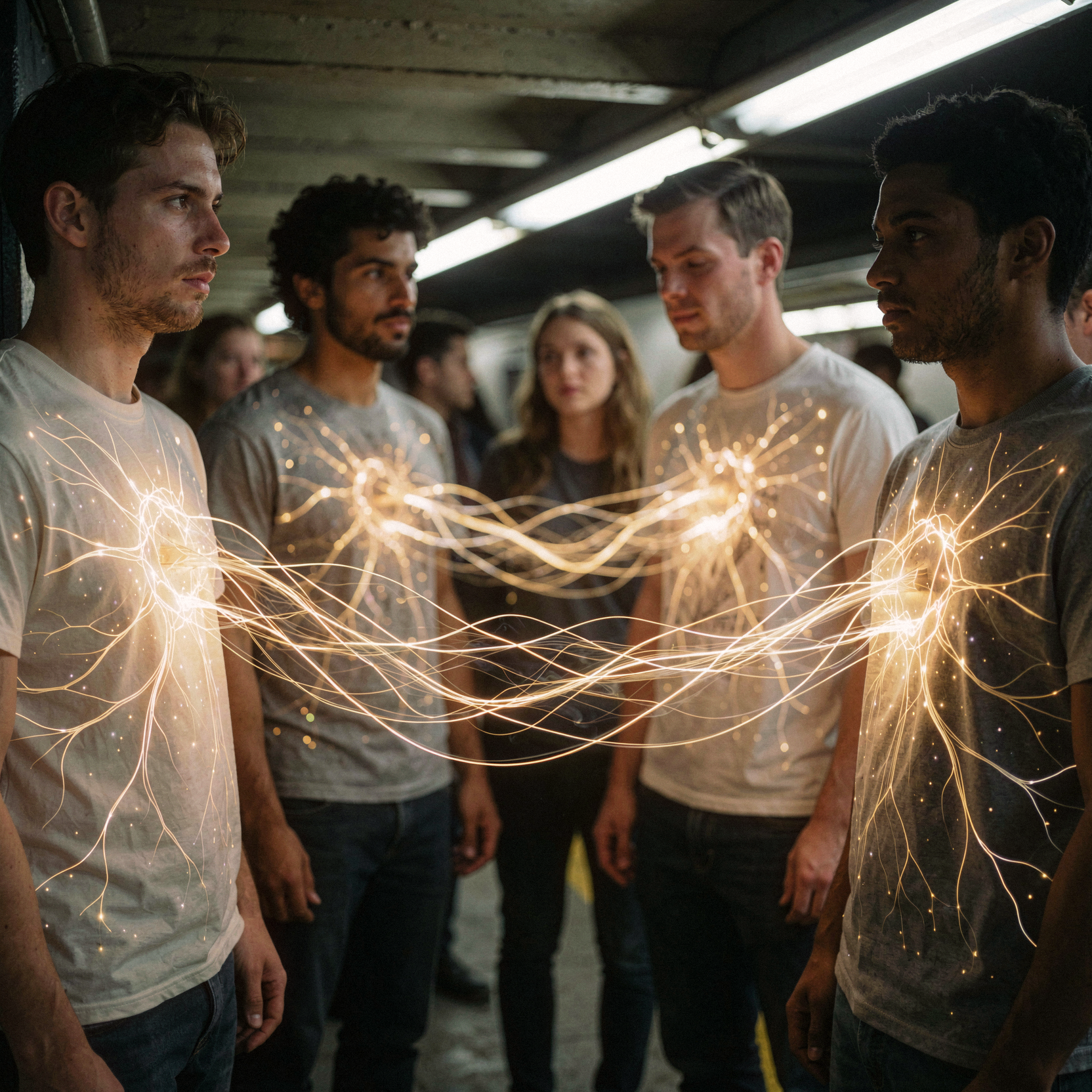 a realistic editorial photograph of a group of diverse strangers standing in a dimly lit subway station, their bodies partially translucent like frosted glass, revealing intricate glowing golden neural networks that physically extend from their chests and intertwine in the air between them, forming a luminous web that binds them together despite their physical distance, soft ambient station lighting illuminates the delicate strands of light connecting their hearts, natural unretouched skin texture on the visible flesh, shot on 35mm Kodak Portra 400 with fine visible film grain and slight motion blur on the floating light filaments.