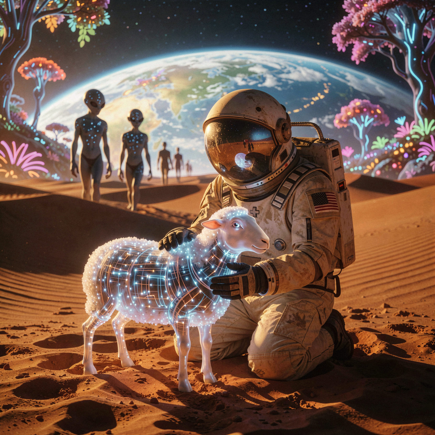 a candid documentary photograph of a solitary Martian astronaut kneeling on rust-colored dunes, gently cradling a translucent electric sheep whose internal circuitry glows with soft blue light; the sheep’s wool is made of fiber-optic cables that pulse rhythmically; behind them, the horizon melts into a surreal projection of Earth where alien Earthlings with elongated limbs and star-charted skin wander through floating forests of neon flora; the Martian wears a weathered, matte-cream spacesuit with scuffed visor reflections showing the dual worlds; warm amber sunlight from a distant binary star casts long shadows across the textured regolith, contrasting with the cool bioluminescence of the sheep and the projected Earthscape; shot on 35mm Kodak Portra 400 with fine visible film grain, slight handheld framing imperfection, natural unretouched skin texture visible through the helmet's fogged glass, gentle motion blur on the drifting electric particles.