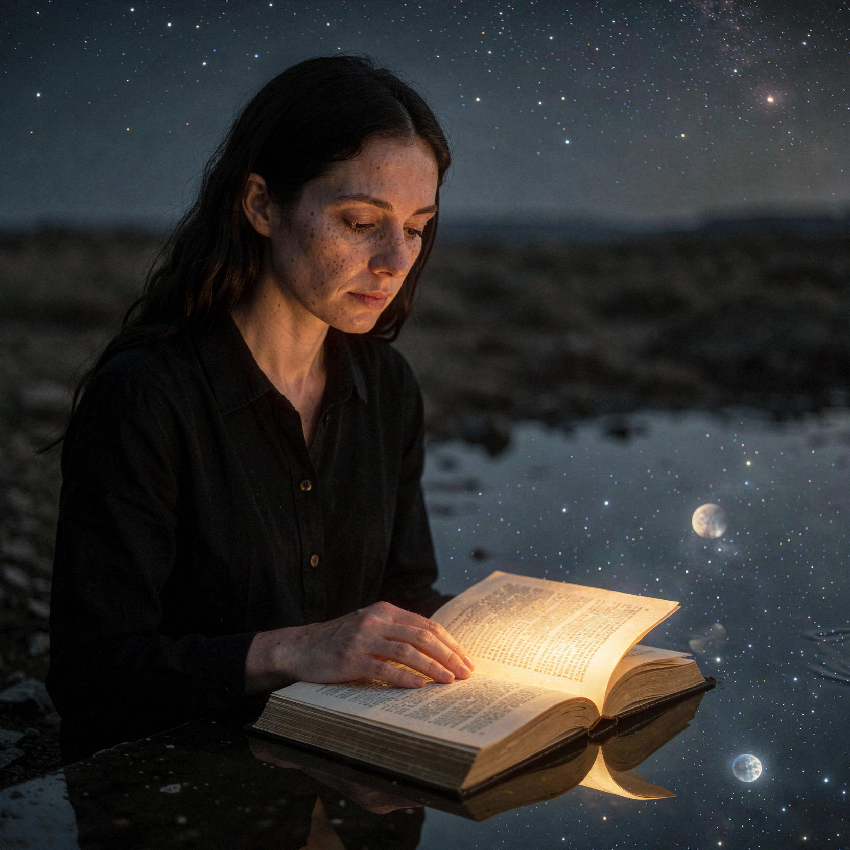 a realistic editorial photograph capturing a surreal dream sequence where a sallow-faced woman with unkissed lips sits beside perfectly still water that reflects a sky full of stars and moon, her hand resting gently on an open schoolbook whose pages dissolve into warm golden light, embodying grace and civility as the desolate night surrounds her in soft darkness. natural unretouched skin texture with visible pores and subtle tonal variation.