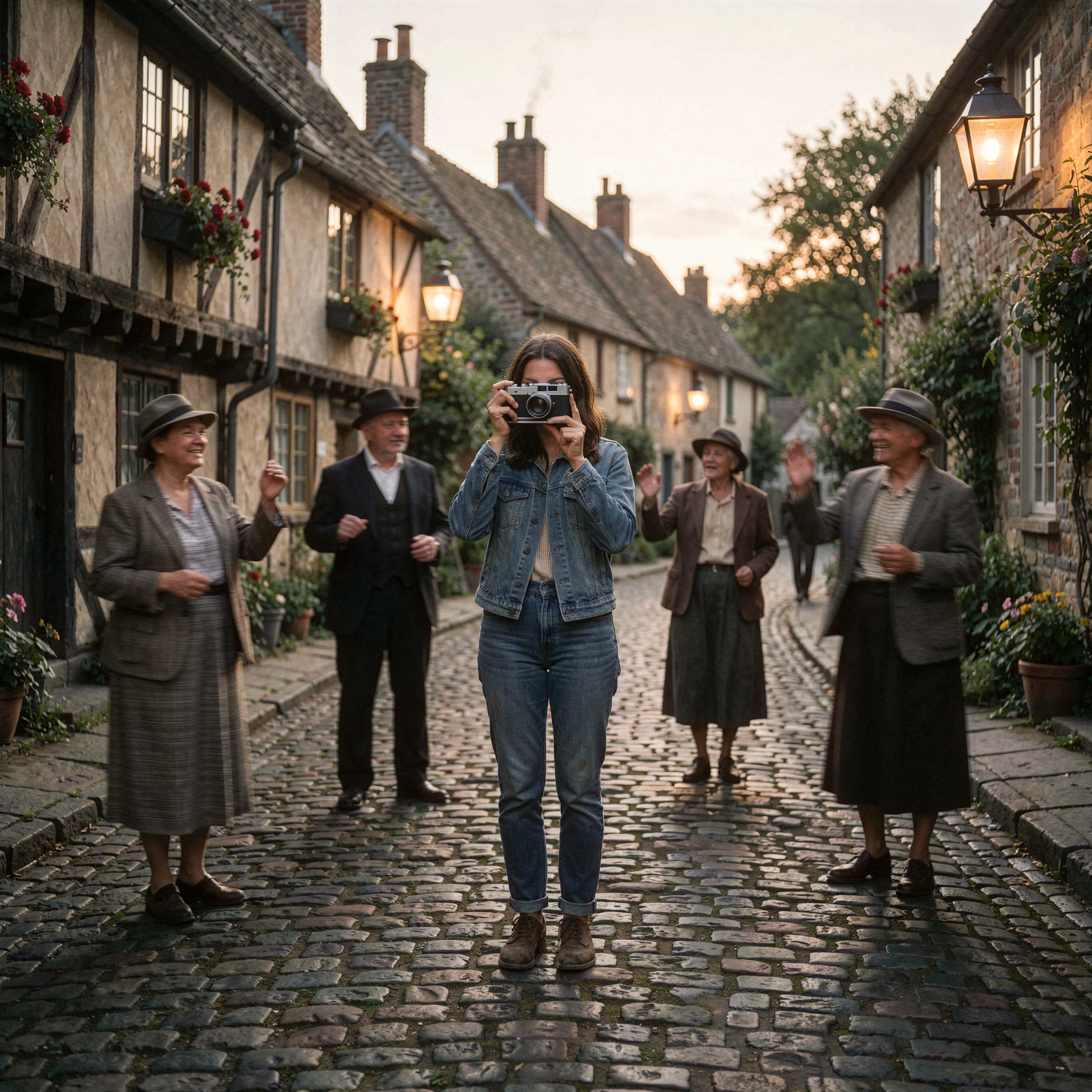 a realistic documentary photograph of a young woman standing in the center of a cobblestone village street from 1924, holding a vintage Leica II film camera at eye level as if just pressing the shutter; she wears a modern denim jacket and jeans that look startlingly out of place among the period-dressed locals who are frozen in mid-gesture around her, their faces blurred by temporal displacement while she remains sharp and focused; the background features timber-framed houses with hanging flower boxes and gas lamps glowing softly in the twilight, creating a surreal juxtaposition of eras where the camera acts as a literal time portal; natural available light from the fading sunset casts long soft shadows across the wet stone pavement; shot on 35mm Kodak Portra 400 with fine visible film grain, slight handheld framing imperfection, and subtle halation around the gas lamp highlights.