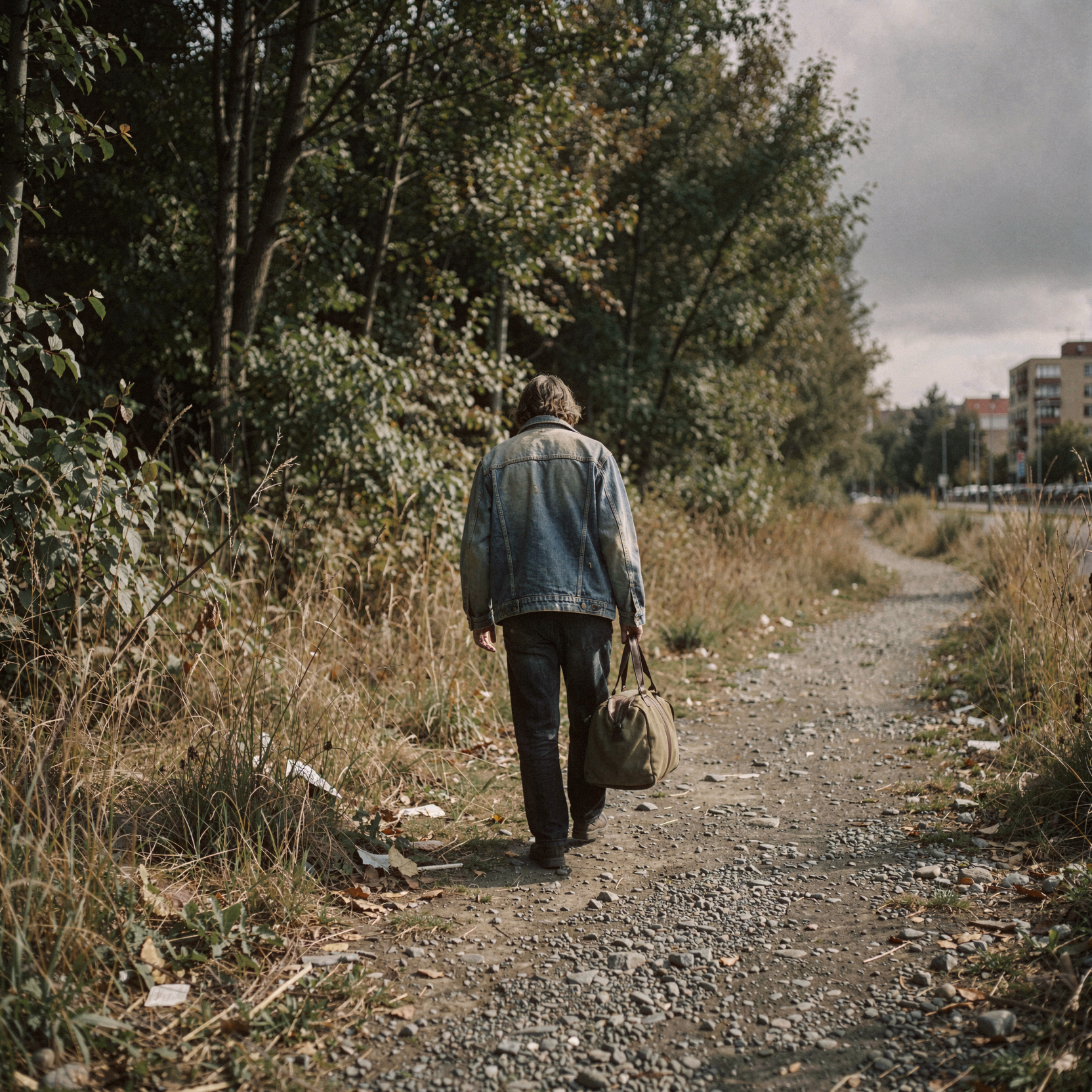 a candid documentary photograph of a solitary figure walking away from the camera along a gravel path at the edge of a dense, overgrown forest bordering an urban sprawl, wearing a worn denim jacket and carrying a duffel bag in their right hand, head slightly bowed with shoulders slumped in quiet resignation, surrounded by tall dry grass and scattered debris under a heavy grey sky, soft diffused daylight filtering through the tree line creating gentle shadows on the ground, muted earth tones and desaturated colors conveying a sense of weariness and transition, shot on 35mm Kodak Portra 400 with fine visible film grain, slight handheld framing imperfection giving an authentic street photography feel.