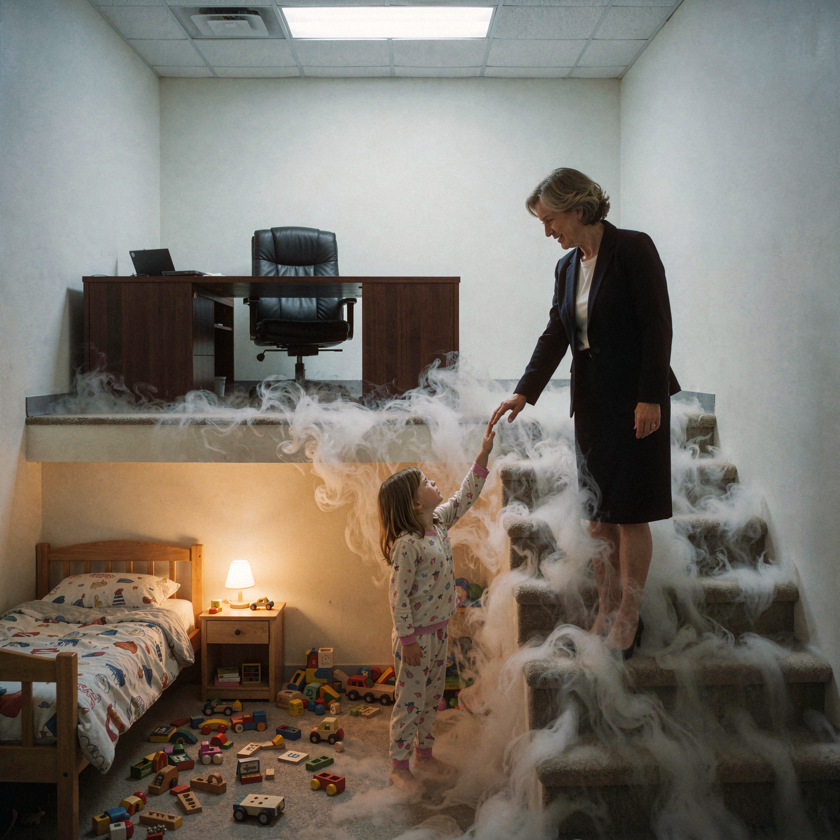 a realistic editorial photograph of a split-level impossible architecture where the lower floor is a child’s bedroom with scattered wooden toys and the upper floor is a stark, minimalist adult office space with a leather chair and mahogany desk, connected by a staircase made of dissolving mist that flows upward like reverse rain, a young girl in pajamas standing on the bottom landing reaching up while an older woman in business attire stands on the top landing looking down, their hands almost touching through the swirling vapor, warm amber light from a nightlight below contrasting with cool blue fluorescent office light above, natural unretouched skin texture, visible pores, fine facial texture, shot on 35mm Kodak Portra 400 with fine visible film grain, slight handheld framing imperfection.