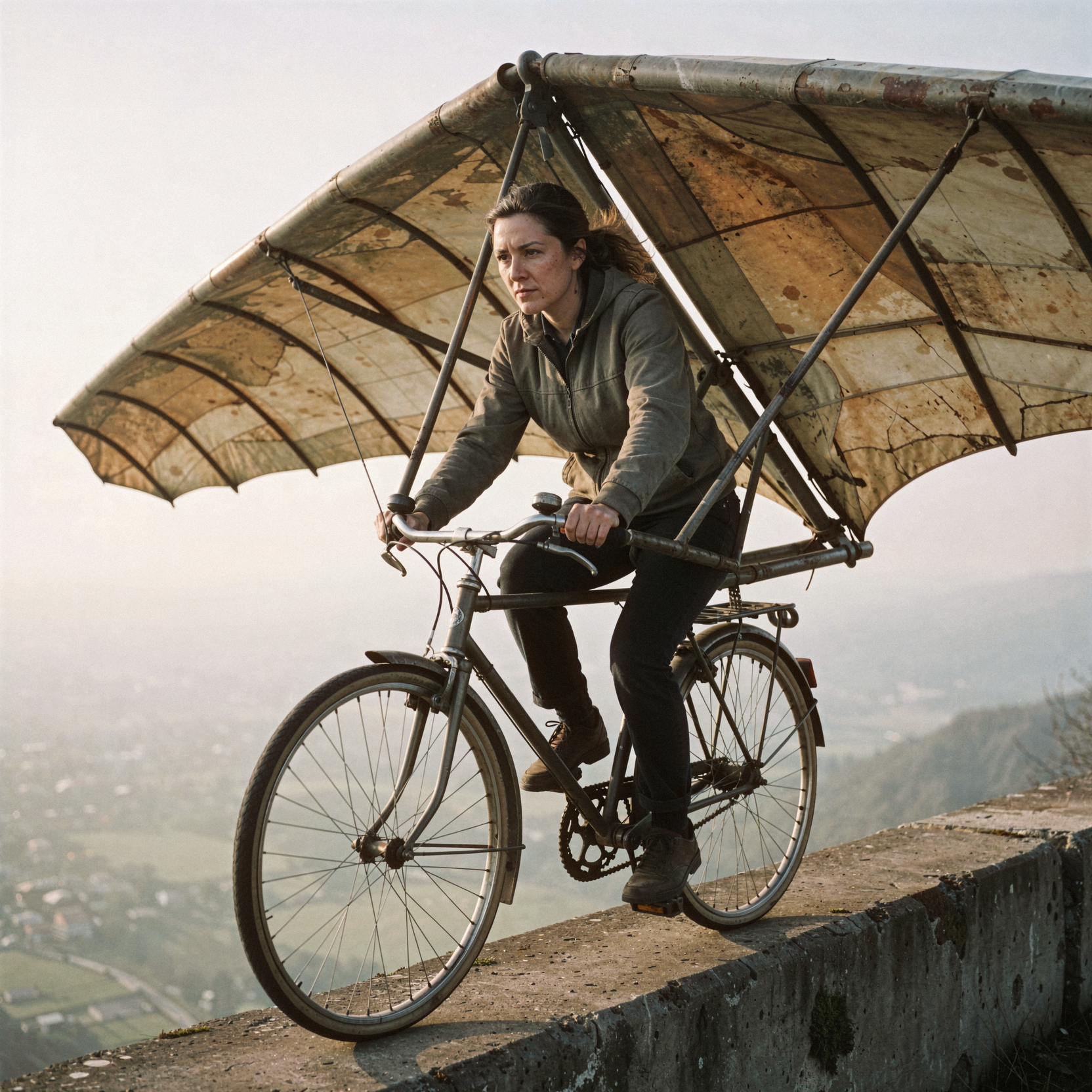 a realistic editorial photograph of a woman seated on a vintage bicycle, but instead of wheels, the bike is supported by two large, weathered leather hang-glider wings attached to the frame. She grips the handlebars tightly, her expression a mix of determination and terror as the bicycle balances precariously on a narrow concrete ledge high above a misty valley floor. The scene fuses the mechanics of cycling with the vulnerability of flight; the pedals are real metal, but the wings catch a gentle updraft. Shot on 35mm Kodak Portra 400 with fine visible film grain, slight handheld framing imperfection, natural unretouched skin texture with subtle tonal variation and realistic highlights, soft diffused daylight from camera-left, atmospheric haze in the background, worn leather textures on the wings, matte metal on the bike frame.