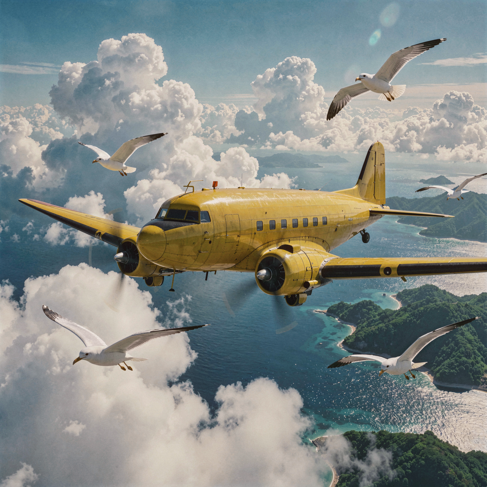 a realistic aerial photograph of a cheerful bright yellow Douglas DC-3 airplane soaring confidently through a vast sky, its polished fuselage catching the sun with natural reflections and subtle panel line wear. The aircraft is surrounded by friendly seagulls cruising in formation, their white feathers detailed against the backdrop. Below stretches a Porco Rosso-inspired seascape of towering cumulus clouds that seem to rise like mountains from sparkling deep blue ocean waters, interspersed with lush green tropical islands. The scene is bathed in bright midday sunlight with crisp shadows on the plane’s underbelly and soft highlights on the cloud tops, conveying a sense of joyful adventure and open freedom. Shot on 35mm Kodak Ektar 100 with vibrant color saturation and fine grain, slight motion blur on the spinning propellers, natural lens flare from the high sun.