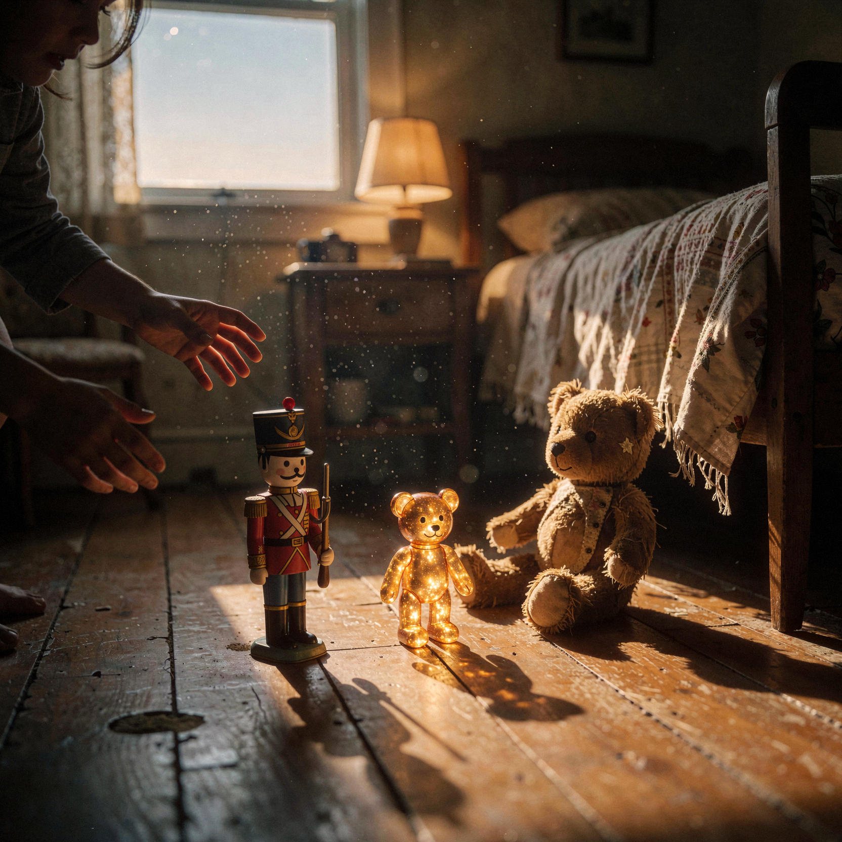 a candid documentary photograph capturing the surreal nostalgia of childhood memories materializing in a dimly lit bedroom, where vintage toys like a wind-up tin soldier and a ragged teddy bear are slowly transforming into translucent, glowing shards of amber light, while the room's geometry gently warps as if viewed through old glass, with dust motes dancing in the shafts of warm, fading lamplight that cast long, soft shadows across the worn wooden floorboards, creating a dreamlike atmosphere where time feels suspended and objects breathe with faint, rhythmic pulses, shot on 35mm Kodak Portra 400 with fine visible film grain, slight handheld framing imperfection, gentle motion blur on the dissolving edges of the toys, natural unretouched skin texture on any visible human hands reaching out in wonder, realistic highlights on the polished wood and fabric weaves, subtle tonal variation in the shadows, and a smooth, untextured sky visible through a small window with clean gradients.