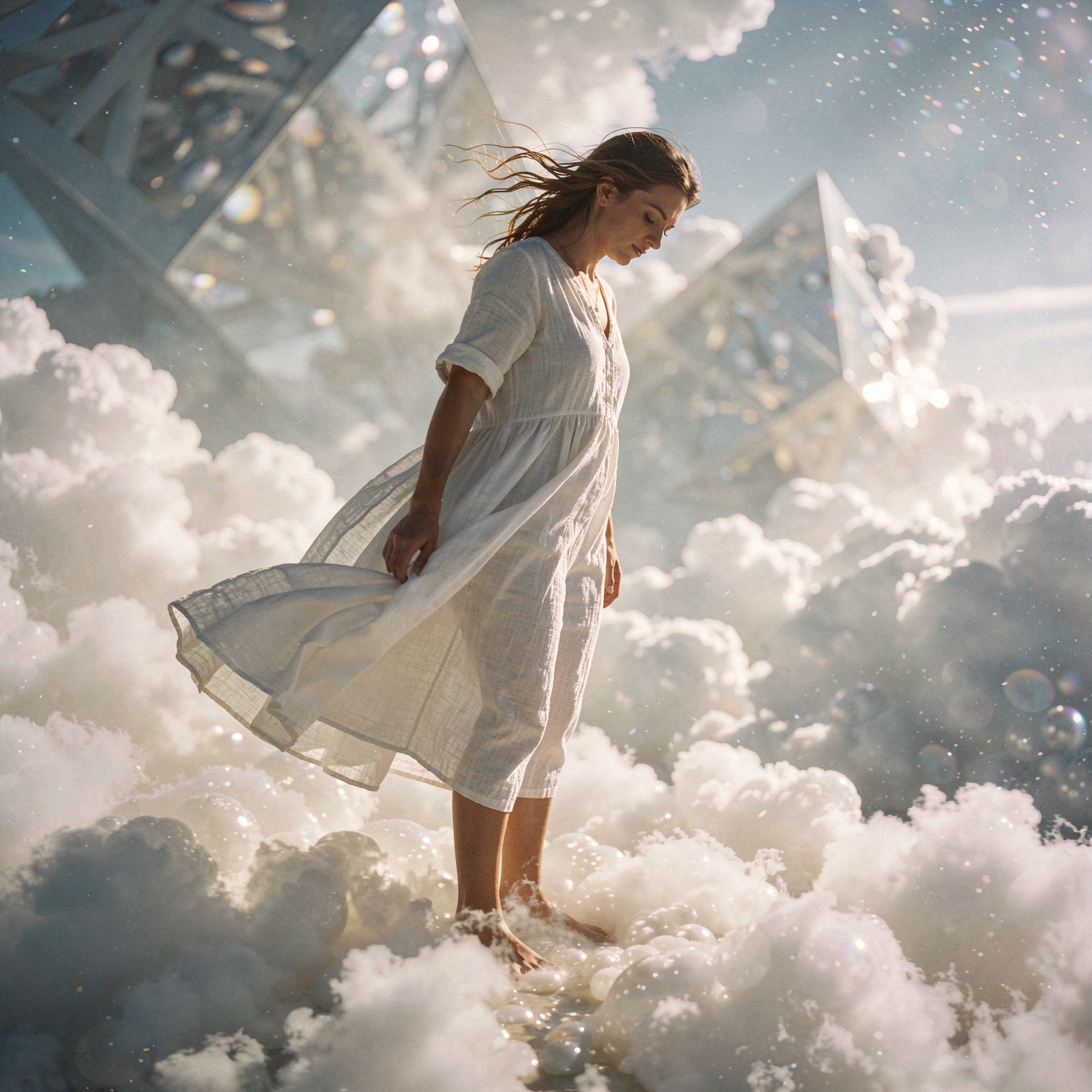 a realistic documentary photograph of a woman standing barefoot on a dense cumulus cloud bank that functions as solid ground, her white linen dress billowing violently in a sudden celestial breeze. The clouds below are luminous and pearlescent, glowing from within with soft internal light that illuminates her natural unretouched skin texture and visible pores. She looks downward with an expression of borrowed peace, her hair tangled with loose strands caught by the wind. In the background, impossible geometric structures drift like illusions, partially obscured by atmospheric haze. Shot on 35mm Kodak Portra 400 with fine visible film grain, slight handheld framing imperfection, gentle motion blur on the moving fabric, and soft highlight rolloff.
