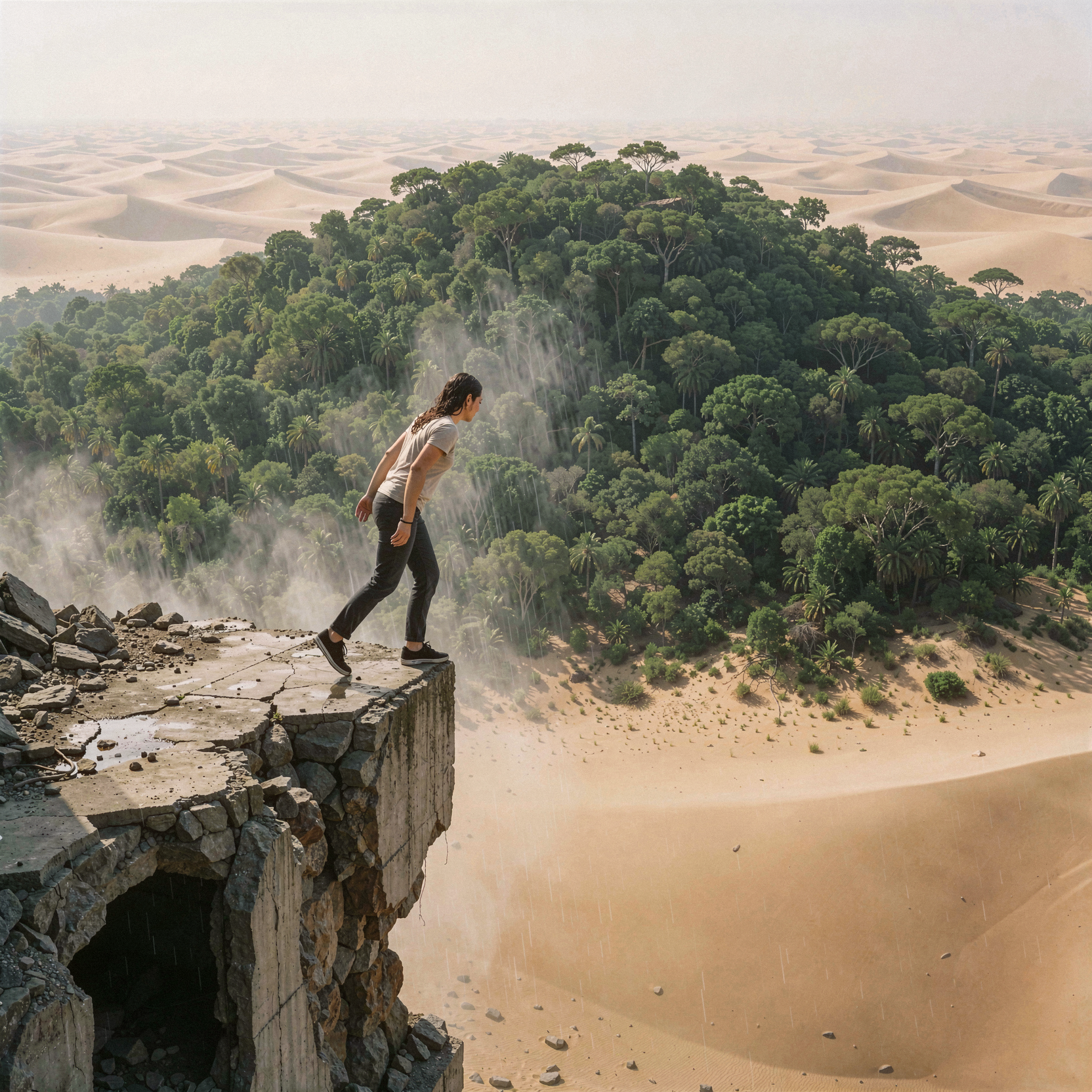a realistic editorial photograph of a woman standing on the edge of a crumbling concrete cliff at the boundary of a sprawling futuristic city, her body angled forward in anticipation as she gazes over a distant hill. The hill is not earth but a massive, dense canopy of a vibrant rainforest that floats impossibly high above a vast, solemn desert of smooth sand below. She appears to be suspended mid-stride, one foot hovering inches above the edge, merging the act of walking with the sensation of flight through the humid air rising from the floating jungle. Soft rain mist clings to her skin and hair, contrasting with the dry, sun-baked dunes far beneath the cloud layer. The composition emphasizes depth, with the immediate urban decay in the foreground, the lush greenery of the floating island in the middle ground, and the endless desert horizon fading into haze. Shot on 35mm Kodak Portra 400 with fine visible film grain, slight handheld framing imperfection, natural unretouched skin texture, subtle tonal variation, and gentle motion blur on the falling rain droplets.
