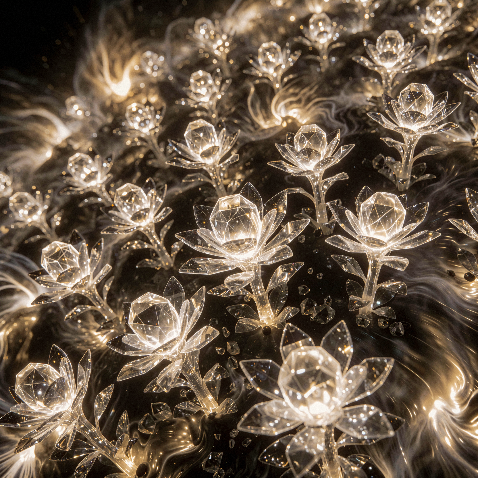 a realistic editorial photograph of a dense swarm of hundred translucent crystallized plants swimming through the blazing core of a star, their geometric facets refracting intense white and gold light, each plant fused with glass-like petals and mineral stems, glowing from within as they drift together in a slow vortex around the central plasma, the surrounding space filled with turbulent solar flares and floating ash, high-contrast lighting with deep shadows inside the crystal structures and brilliant rim light on the edges, shot on medium-format film with sharp focus on the nearest plants and soft bokeh in the background, slight motion blur on the swirling gas, natural unretouched texture on the crystalline surfaces.