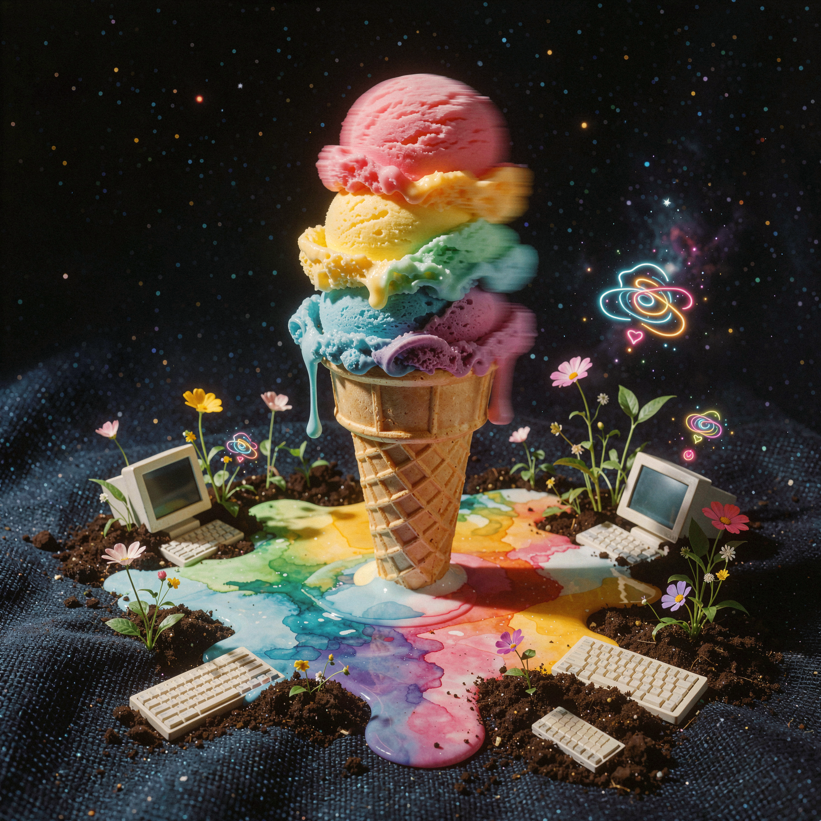 a realistic editorial photograph of a towering, melting ice cream cone with vibrant rainbow-colored scoops dissolving directly into the textured fabric of deep space. The melting dairy forms translucent, watercolor-like pools that soak into the cosmic weave, where the remnants of hard, cold computer hardware—keyboards and screens—soften and decay into rich, dark soil. From this digital-turned-earthly compost, delicate wildflowers and glowing abstract ideas begin to sprout, bridging the gap between technology and nature. shot on 35mm Kodak Portra 400 with fine visible film grain, slight handheld framing imperfection, and gentle motion blur on the dripping rainbow melt.