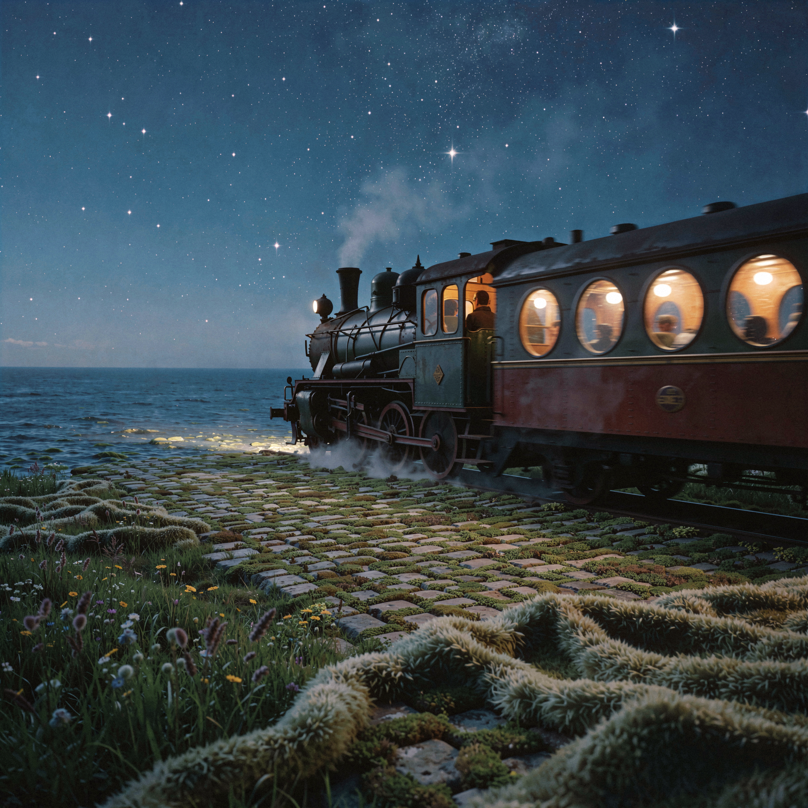 a realistic editorial photograph of a vintage steam locomotive cafe car emerging from a meadow paved entirely with moss-covered cobblestones, the landscape merging into a surreal deep blue expanse resembling a calm ocean night sky filled with bright white stars, the train tracks dissolving into this starry surface as the engine rolls forward, large round windows glowing with warm amber interior light contrasting against the cool exterior tones, soft fuzzy textile textures resembling a plush blanket draped over the foreground meadow grasses creating a tactile dreamlike barrier, the scene illuminated by diffuse moonlight and the train's headlamp casting long soft shadows, shot on medium-format Kodak Portra 160 with fine visible film grain, slight motion blur on the passing wheels and steam, natural unretouched skin texture on any visible passengers inside, gentle halation around the bright star points and window lights.