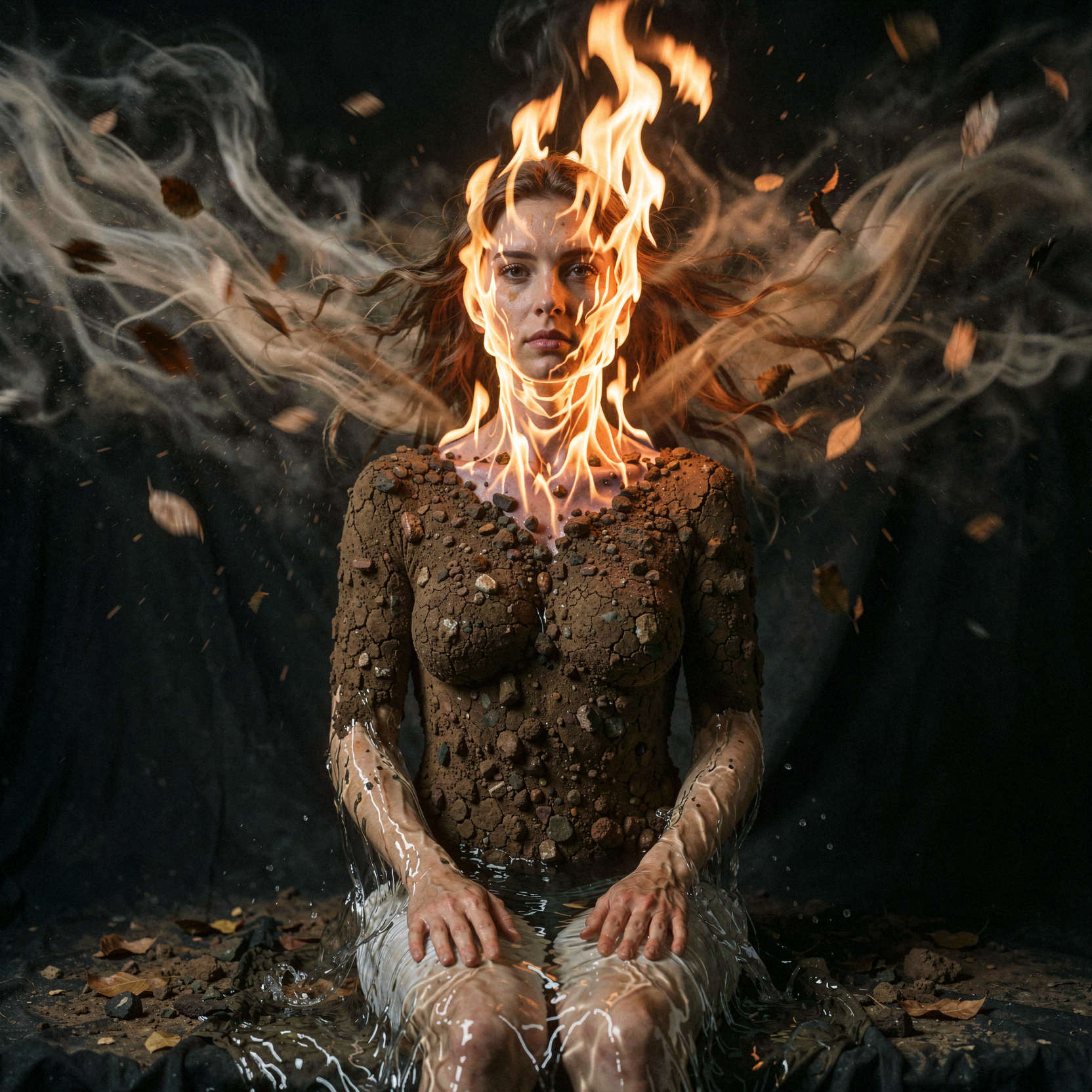 a realistic editorial photograph of a seated woman whose body is composed entirely of the four classical elements, her hands dissolving into clear rippling water that pools on her lap, her face made of intense roaring orange and yellow flames illuminating her features, her torso formed from textured dark soil and small stones, and her mind visualized as swirling dusty wind carrying leaves around her head. she sits perfectly still in a dim studio with a black backdrop, the water reflecting light, the fire casting warm glow on the earthy body, and the wind creating motion blur in the air. shot on medium-format Portra 160 with soft grain and gentle highlight rolloff, slight handheld framing imperfection, natural unretouched skin texture replaced by elemental textures, realistic lighting interactions between fire and water.