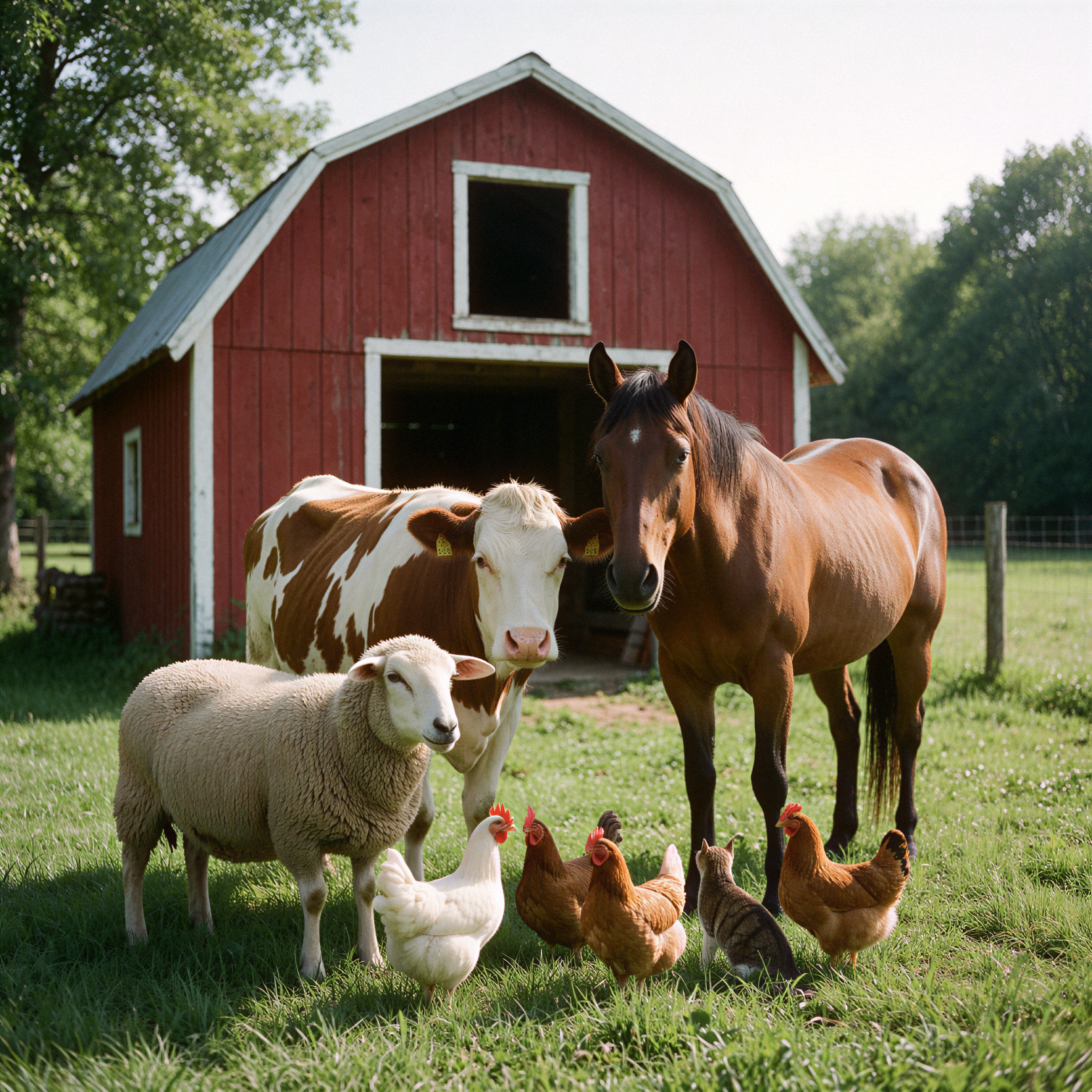a realistic editorial photograph of a small red barn with white trim standing on a lush green farm, a cow, horse, sheep, hens and cat huddled together in the foreground as best friends, natural sunlight illuminating the scene, detailed textures of fur, feathers, wood and grass, shot on 35mm Kodak Portra 400 with fine visible film grain, slight handheld framing imperfection