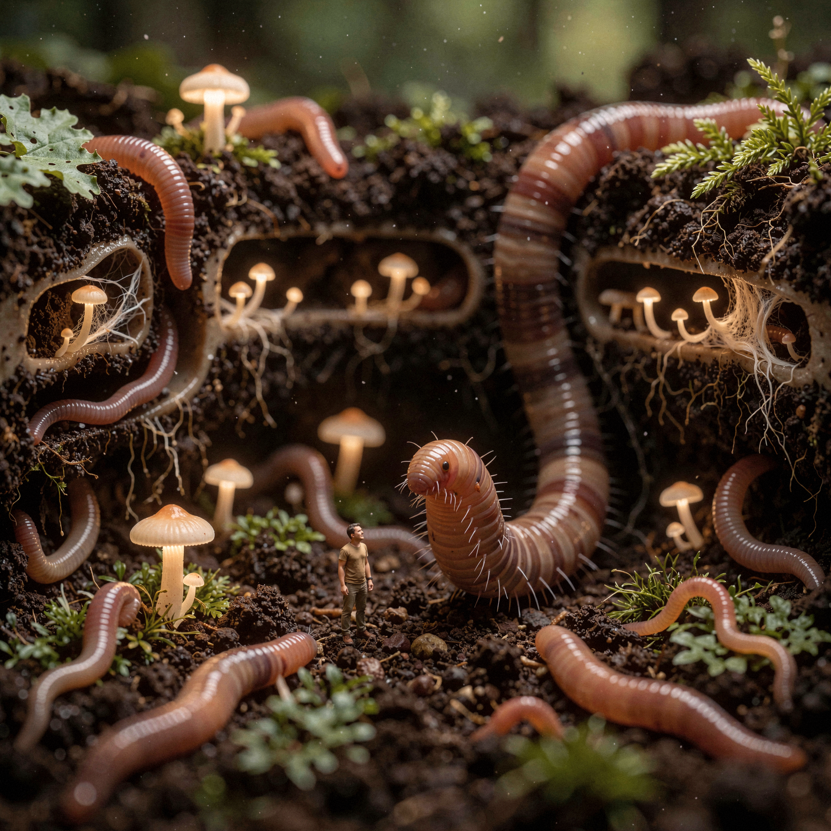 a realistic macro cross-section photograph of a vibrant underground earthworm society, where soil layers form translucent architectural walls revealing bustling tunnels and chambers. in the center foreground, a tiny human with natural skin texture stands at eye level with Nib, a large friendly earthworm with segmented moist skin and visible bristles. the background teems with activity: dozens of worms carrying glowing fungi, weaving silk-like cocoons from root fibers, and tending to small gardens of moss and lichen growing on dark rich loam. the scene is lit by soft bioluminescent glow from the fungi and subtle ambient light filtering through the soil above, creating a warm earthy atmosphere. shot on 60mm macro lens with shallow depth of field keeping the tiny human and Nib sharp while the busy background softly blurs, visible film grain and slight sensor noise in shadows.