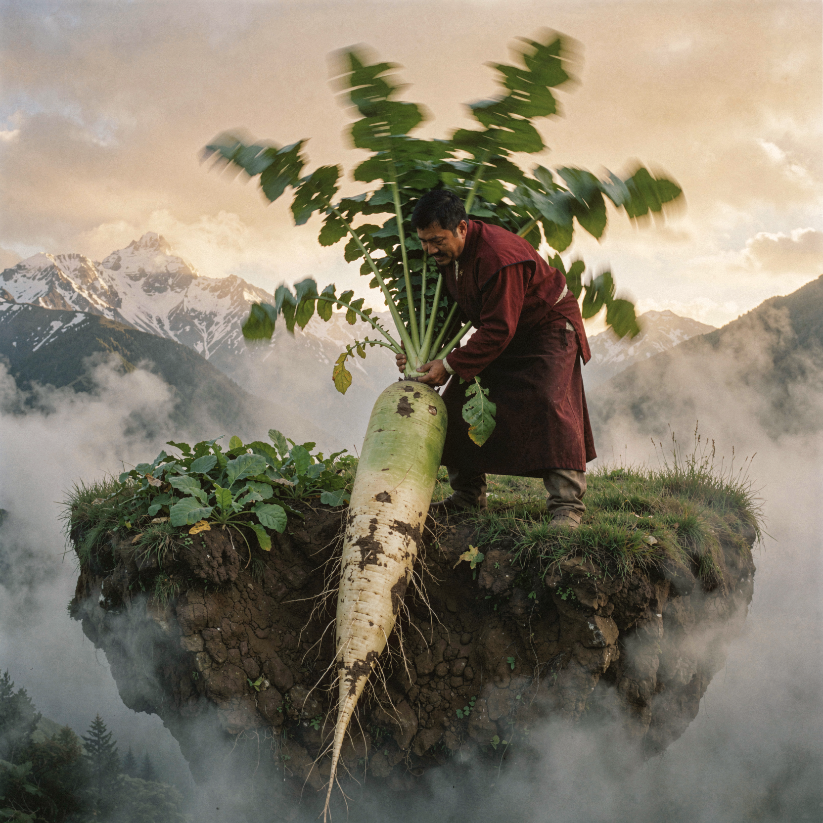 a realistic editorial photograph of a man in traditional Tibetan robes pulling an impossibly large radish from the earth, the root extending deep into a floating island of Shangri-la surrounded by mist-shrouded mountains. The scene blends agricultural labor with mythical landscape, as the radish’s green leaves reach toward a soft golden-hour sky while snow-capped peaks loom in the background. The man strains against the pull, his feet planted firmly on grassy soil that seems to defy gravity. Shot on 35mm Kodak Portra 400 with fine visible film grain, slight handheld framing imperfection, gentle motion blur on the moving leaves, natural unretouched skin texture, and atmospheric haze around distant peaks.