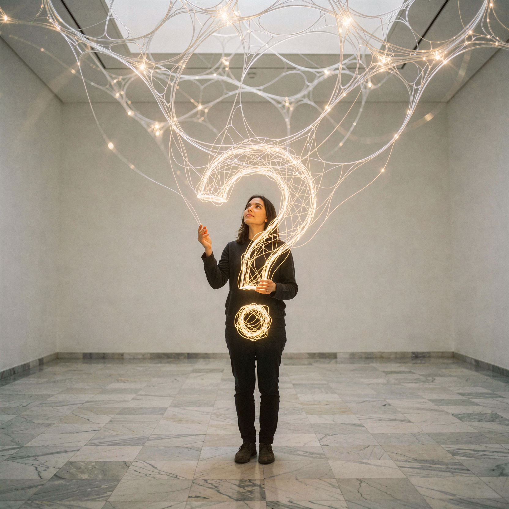 a realistic editorial photograph of a woman standing in the center of a vast, empty white gallery, holding a floating, three-dimensional golden question mark that is unraveling into thin threads of light. The threads drift upward and connect to the ceiling, where they form a complex, glowing neural network made of translucent glass fibers. The woman looks up at the structure with a contemplative expression, her hand gently touching one of the luminous strands. The gallery floor is polished marble, reflecting the soft, ethereal glow from above. Natural unretouched skin texture, visible pores, fine facial texture, subtle tonal variation, faint peach fuzz, natural lip texture, restrained highlights on the forehead and nose. Shot on 35mm Kodak Portra 400 with fine visible film grain, slight handheld framing imperfection, gentle motion blur on the drifting light threads.