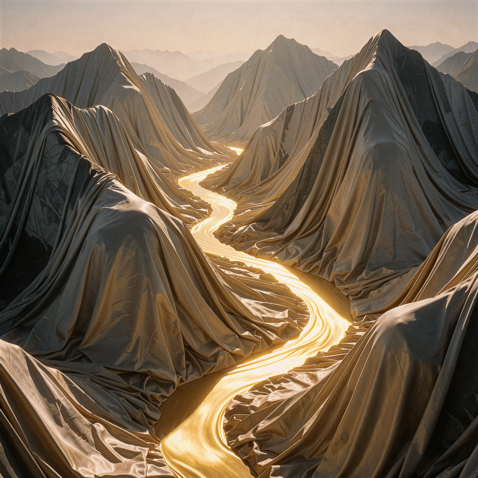 a realistic editorial photograph of high mountain peaks where the rock faces have been replaced by heavy, draped folds of raw silk fabric in pale stone and slate grey tones, cascading down the slopes with deep, soft shadows. Rivers of thick, luminous golden liquid pour through the valleys between the textile mountains, glowing from within like molten sunlight, their surfaces viscous and smooth. The silk fabric shows realistic weave texture and gentle wrinkling, while the golden rivers emit a warm, directional light that illuminates the nearby textile folds. Shot on medium-format film with natural color saturation, soft atmospheric haze in the distant valleys, and fine visible grain.