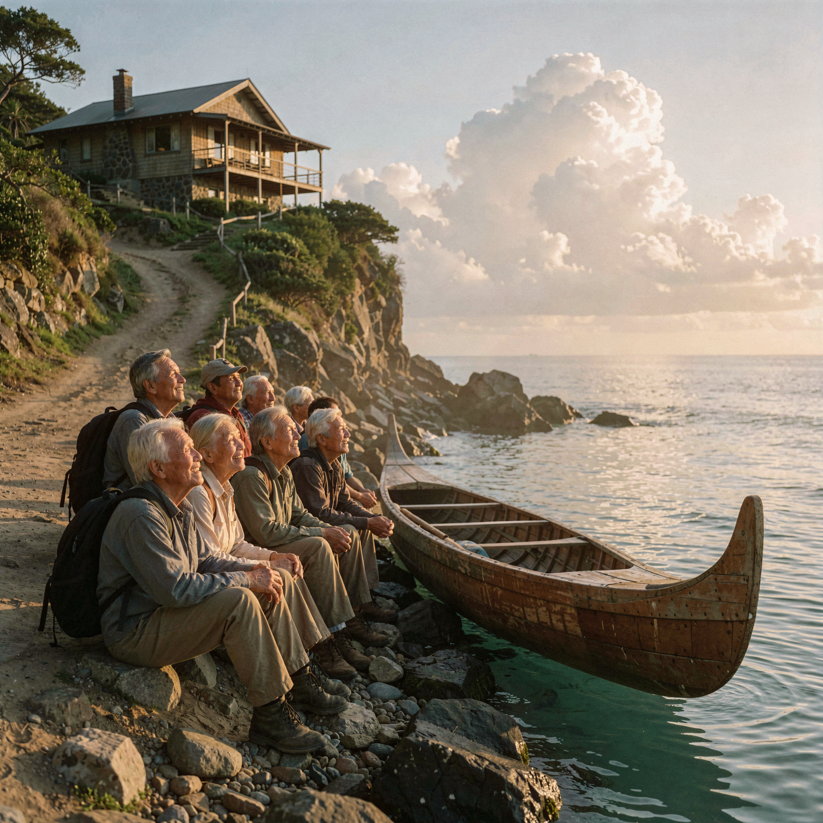 a realistic editorial photograph of a group of elderly hikers resting on the rocky shore beside a traditional wooden waka canoe, their weathered faces turned upward in quiet hymn-singing as they face the early sunrise. behind them, a steep dirt path leads up to a craftsman-style home perched precariously on a cliff edge, overlooking the vast Pacific Ocean. the water is calm and turquoise in the foreground, while towering cumulus nimbus rain clouds soar dramatically at the distant horizon. natural unretouched skin texture with subtle tonal variation and realistic highlights on the hikers' weathered faces. the wooden canoe shows grain and wear, and the path is dusty and uneven. soft golden-hour sunlight illuminates the scene from camera-right, creating long shadows and a warm atmosphere. shot on 35mm Kodak Portra 400 with fine visible film grain, slight handheld framing imperfection, and gentle atmospheric haze blending the ocean and sky.