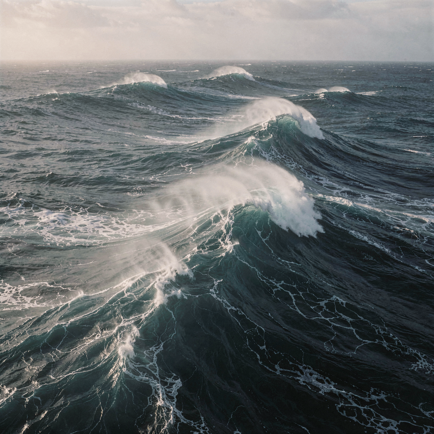 a realistic documentary photograph of a vast deep blue ocean stretching to the horizon, where towering waves rise with impossible scale, their whitecaps frozen in time like jagged snowy mountain peaks catching the light. The water moves with a serene calmness despite its violent height, creating a blanket of motion that feels hypnotic and lulling rather than chaotic. The camera captures the sheer verticality of the swells, emphasizing the contrast between the dark, heavy water below and the bright, textured foam above. Soft diffused daylight illuminates the scene from an overcast sky, casting gentle shadows in the troughs and highlighting the spray. Shot on 35mm Kodak Ektar 100 with fine visible film grain, slight handheld framing imperfection, natural unretouched water texture with realistic highlights and subtle tonal variation.