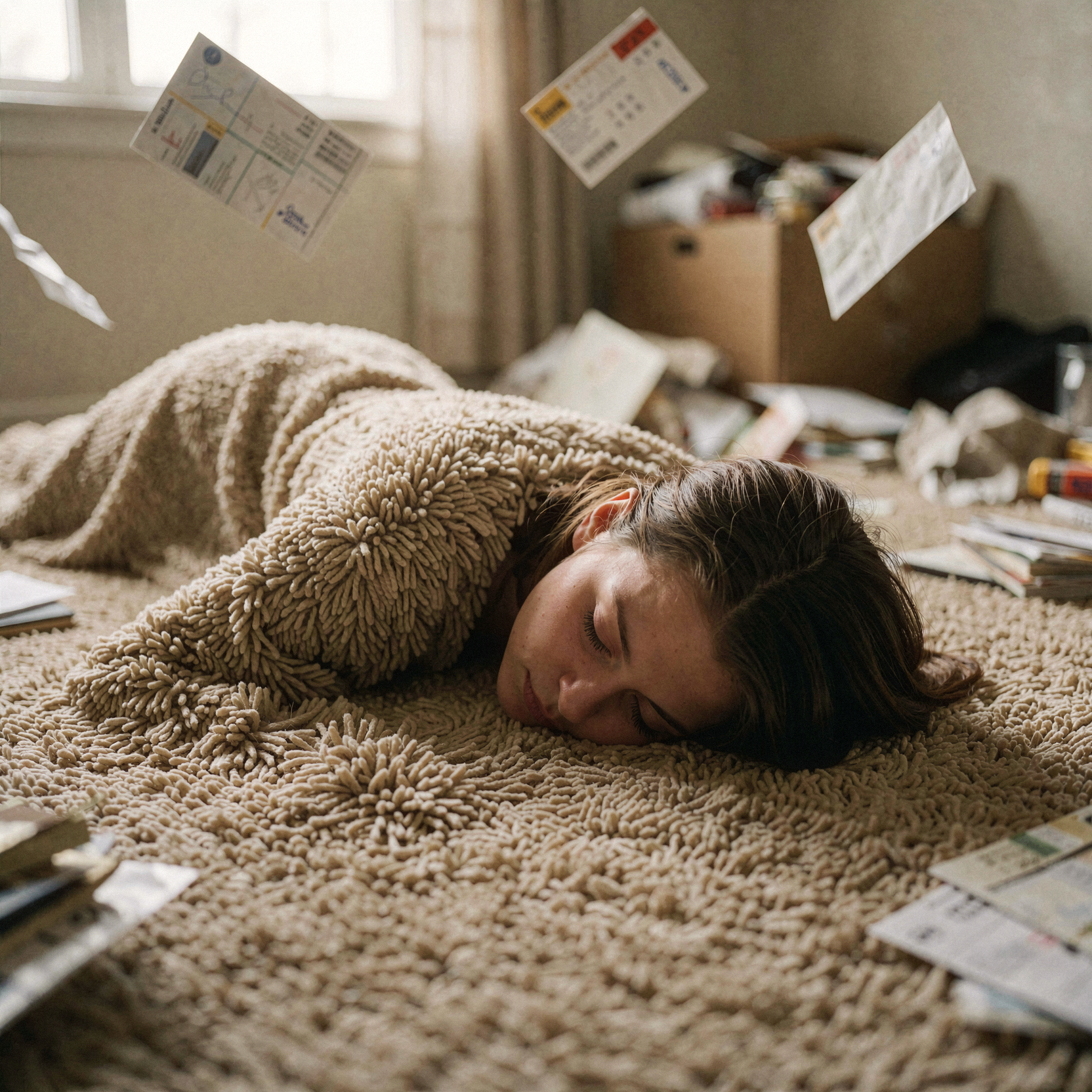 a realistic editorial photograph of a woman fused into a living patch of beige carpet, her body low and spread out in total stillness, eyes closed and head buried deep into the plush fibers as if she is a cat refusing to move, the surrounding room is a blur of mundane clutter and unopened mail drifting in slow motion around her static form, soft diffused daylight from a window illuminates the scene with warm neutral tones, natural unretouched skin texture with visible pores and fine facial detail, the carpet fibers are dense and slightly matted with realistic wear, shot on 35mm Kodak Portra 400 with fine visible film grain, slight handheld framing imperfection.