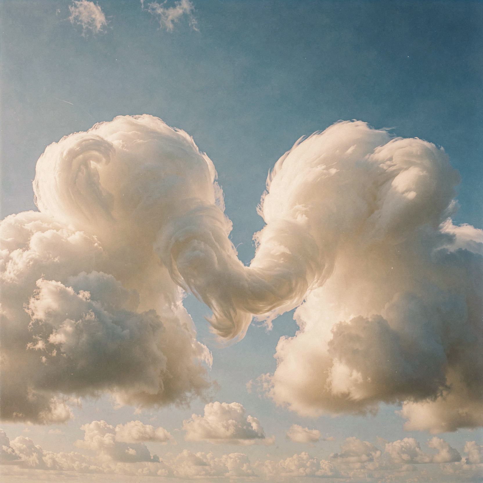 a realistic wide-angle landscape photograph of a bright morning sky where massive, dense cumulus clouds are shaped like voluminous cotton candy elephants, their fluffy white surfaces catching the warm golden sunlight with soft, rounded edges and subtle shadows that define their forms. The cloud formations appear to be gently drifting across the azure backdrop in a peaceful, silent dance, creating an illusion of them holding hands or interacting through their billowing shapes. The atmosphere is serene and dreamlike yet grounded in physical reality, with the sun positioned high to illuminate the tops of the clouds while leaving the undersides in soft shadow. Shot on 35mm Kodak Portra 400 with fine visible film grain, slight atmospheric haze, and gentle motion blur on the drifting cloud edges.