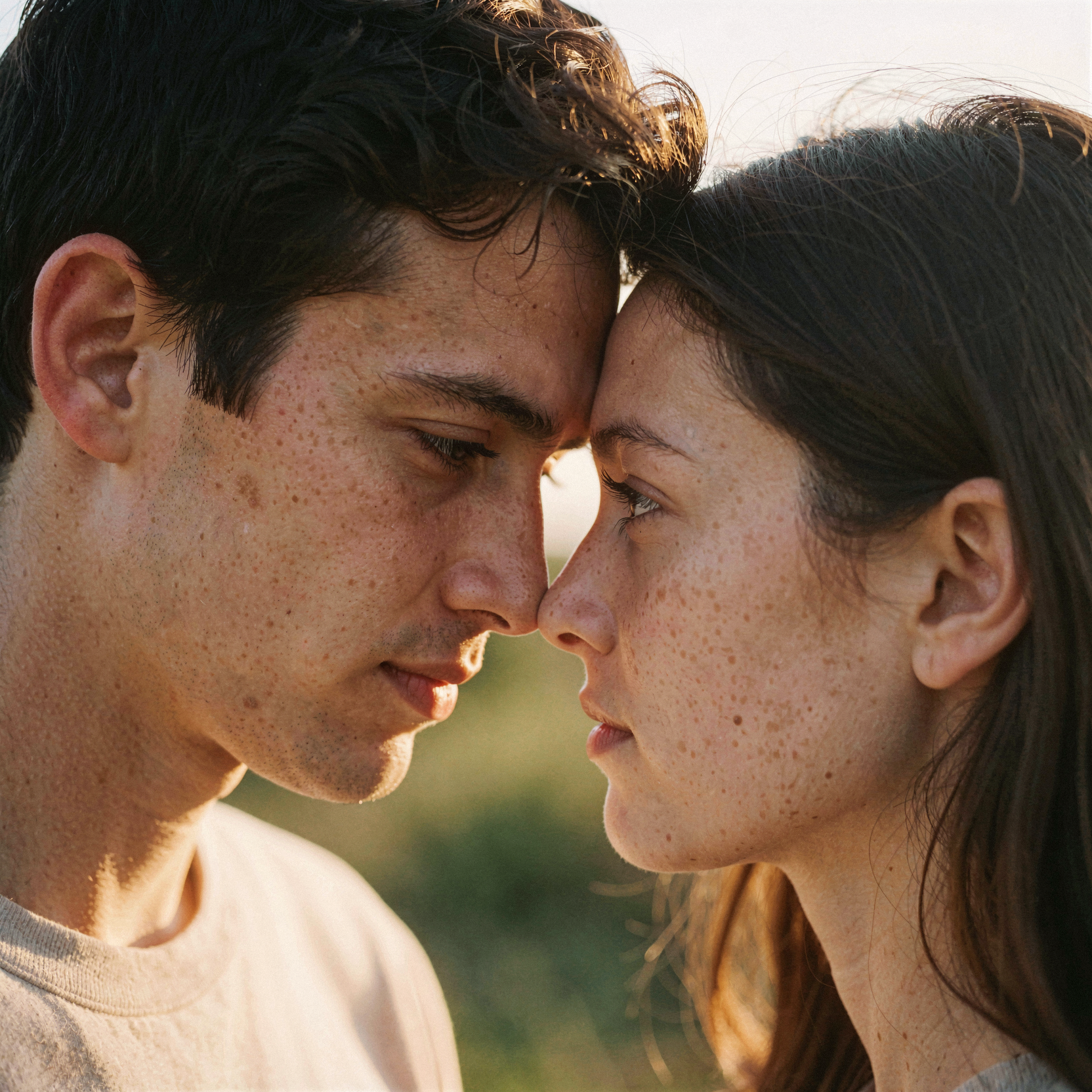 a natural-light portrait of a young man and woman leaning their foreheads together, eyes locked in an intense gaze filled with longing, soft skin-to-skin contact between their cheeks, poignant atmosphere, intimate framing, shallow depth of field, warm golden-hour sunlight illuminating their faces, visible pores and fine facial texture, natural unretouched skin, subtle peach fuzz, realistic highlights on the forehead and nose, individual hair strands with a few flyaways, shot on 35mm Kodak Portra 400 with fine visible film grain, slight handheld framing imperfection.