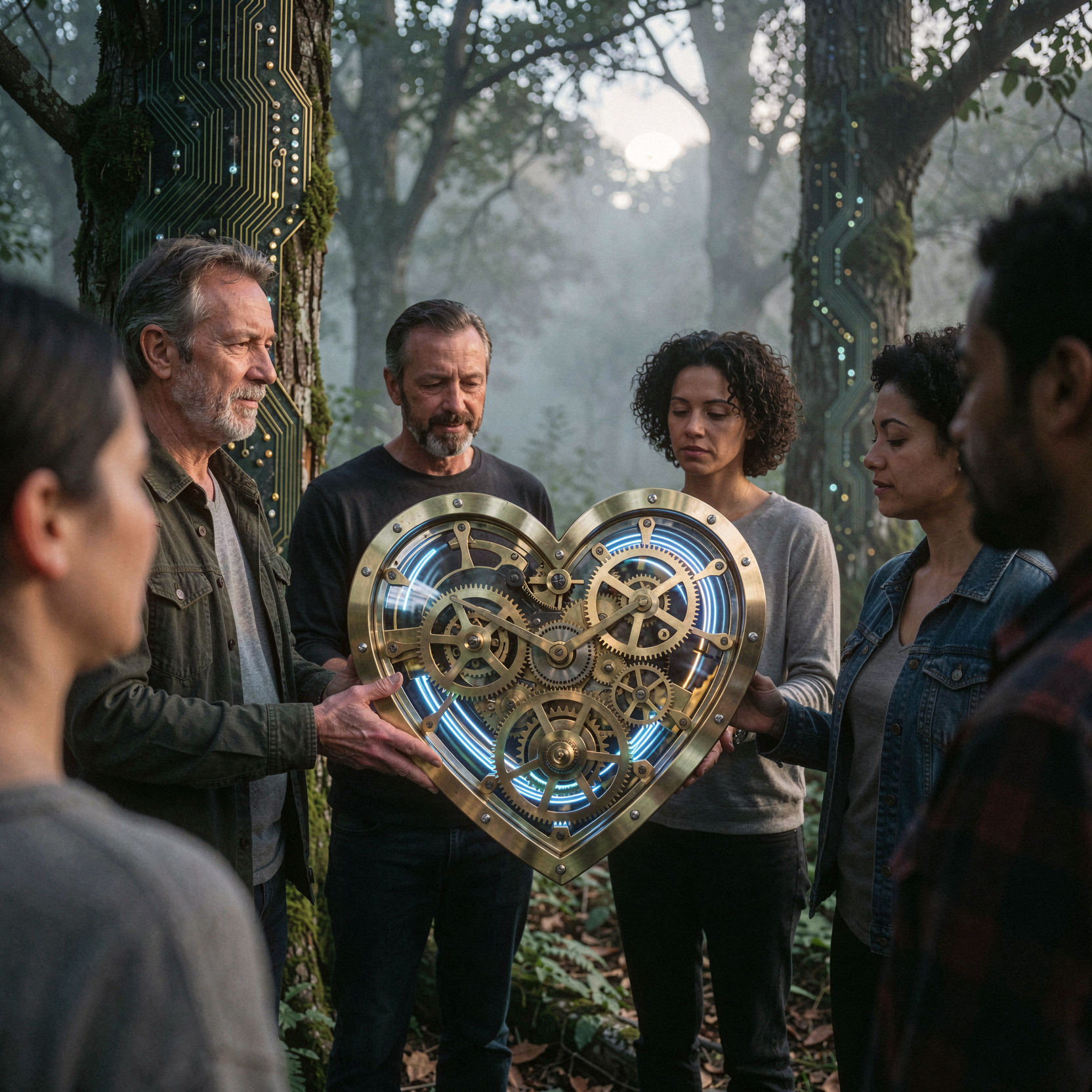 a realistic editorial photograph of a group of diverse adults standing in a circle around a large, intricate clockwork heart made of polished brass gears and glowing blue optical fibers. The heart beats visibly, its mechanical rhythm synchronized with the soft bioluminescent pulse emanating from their own chests, suggesting a shared biological connection. The setting is a misty, twilight forest where ancient trees have bark textured like circuit boards, blending nature and technology seamlessly. Soft, diffused moonlight filters through the canopy, illuminating the participants’ faces with expressions of quiet contemplation and mutual care. Shot on 35mm Kodak Portra 400 with fine visible film grain, slight handheld framing imperfection, gentle motion blur on the moving gears, natural unretouched skin texture with visible pores, subtle tonal variation, and realistic highlights on the brass surfaces.