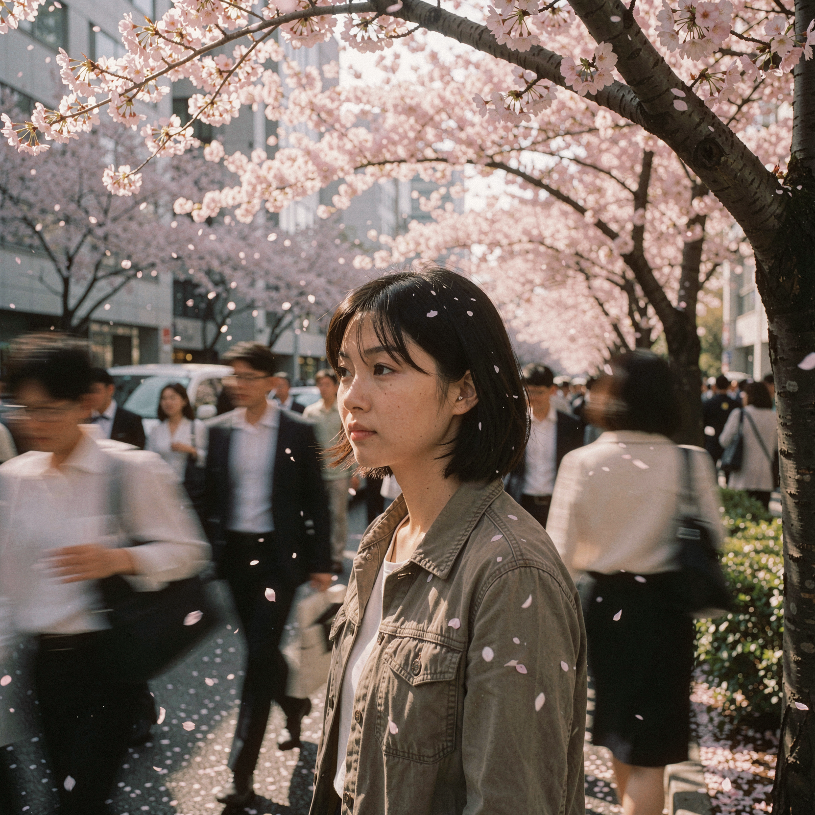 a realistic documentary photograph capturing a quiet, solitary moment amidst the bustling morning commute of a busy Tokyo street. A young woman stands still under the canopy of a blooming Sakura tree, her expression serene and detached from the blurred motion of office workers rushing past in the background. Dappled sunlight filters through the delicate pink cherry blossoms, casting intricate, shifting patterns of light and shadow across her face and shoulders. The air is thick with falling petals, creating a soft, dreamlike veil that separates her from the urban chaos. The scene evokes a sense of impending adventure and escape, as if the boundary between this concrete reality and a vast, open world is about to dissolve. Shot on 35mm Kodak Portra 400 with fine visible film grain, slight handheld framing imperfection, gentle motion blur on the passing crowd, natural unretouched skin texture with subtle tonal variation, soft diffuse lighting from the canopy, realistic fabric weave of a casual jacket, atmospheric haze of pollen and petals.