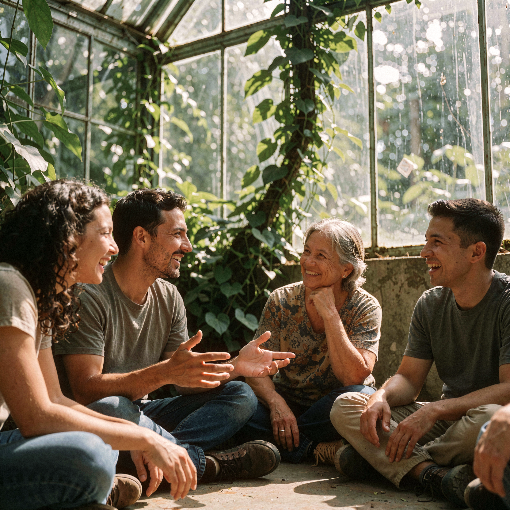 a candid documentary photograph of a diverse group of four people sitting in a circle on the floor of a sunlit greenhouse, engaged in animated conversation with open body language and genuine smiles. The participants include a young woman with curly hair leaning forward intently, a man gesturing with his hands as he speaks, an older woman listening attentively with her chin resting on her hand, and a non-binary person nodding enthusiastically. Large glass panes behind them reveal a lush jungle exterior where the vines and leaves are slowly transforming into floating geometric shapes of light, symbolizing curiosity and wonder. Natural daylight floods the scene from above and the side, creating soft shadows on their faces and highlighting the texture of their casual clothing. Shot on 35mm Fujifilm Pro 400H with fine grain and a slight handheld shake, capturing the warmth and connection of the moment.