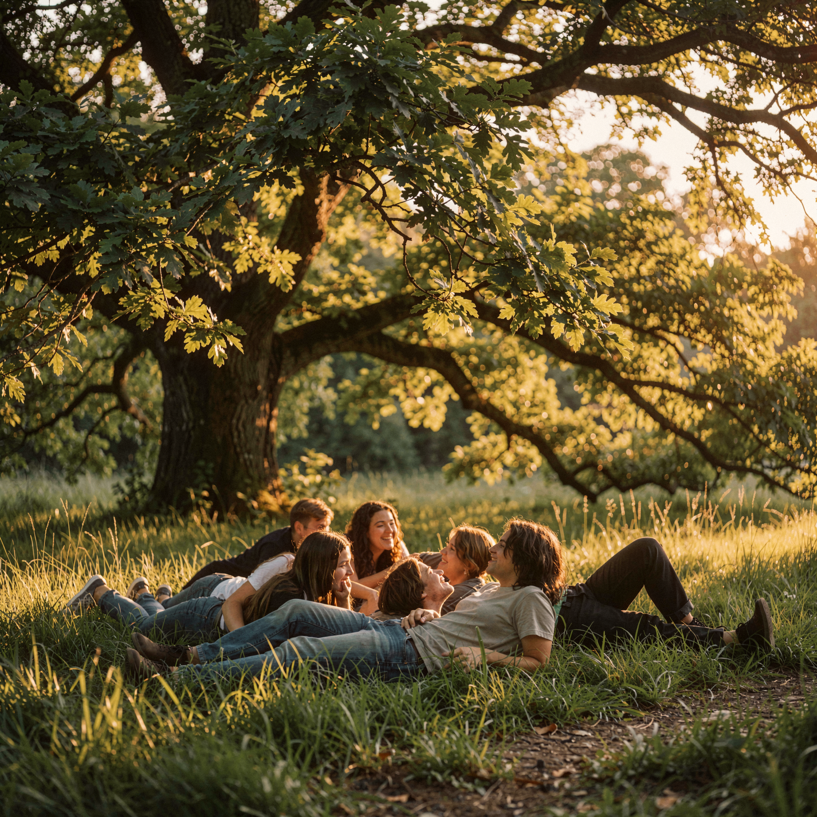 a candid documentary photograph of a group of young friends lying together on lush green grass beneath the sprawling canopy of a massive, ancient oak tree teeming with vibrant life. The subjects are relaxed and intertwined, some propped up on elbows while others recline fully, engaged in quiet conversation or gazing upward through the dense foliage. The scene is bathed in warm golden hour sunset light filtering through the leaves, creating dappled patterns of amber illumination and soft shadows across their faces and clothing. The foreground shows detailed blades of grass and earth texture, while the background features the thick trunk and intricate branches of the oak dissolving into a softly blurred natural environment. Shot on medium-format Kodak Portra 160 with gentle highlight rolloff and fine visible film grain, exhibiting slight handheld framing imperfection and natural skin texture with subtle tonal variation.