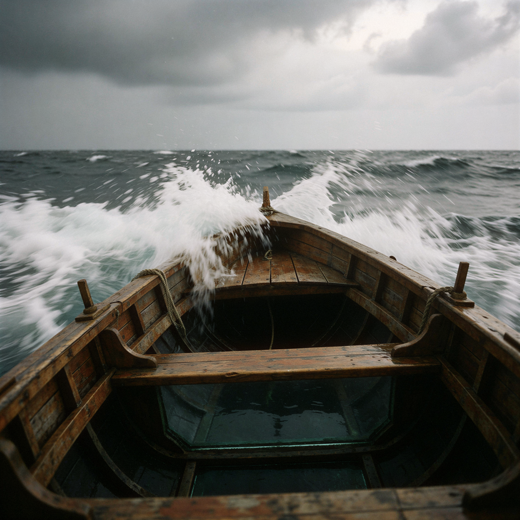 a candid documentary photograph of a small weathered wooden rowboat tossed by heavy gray waves under a stormy sky, the water churning white around its hull while deep beneath the surface the ocean transforms into a vast dark calm abyss visible through transparent glass panels in the boat floor revealing still black depths below, shot on 35mm Kodak Tri-X 400 with pronounced film grain and slight motion blur on the splashing water