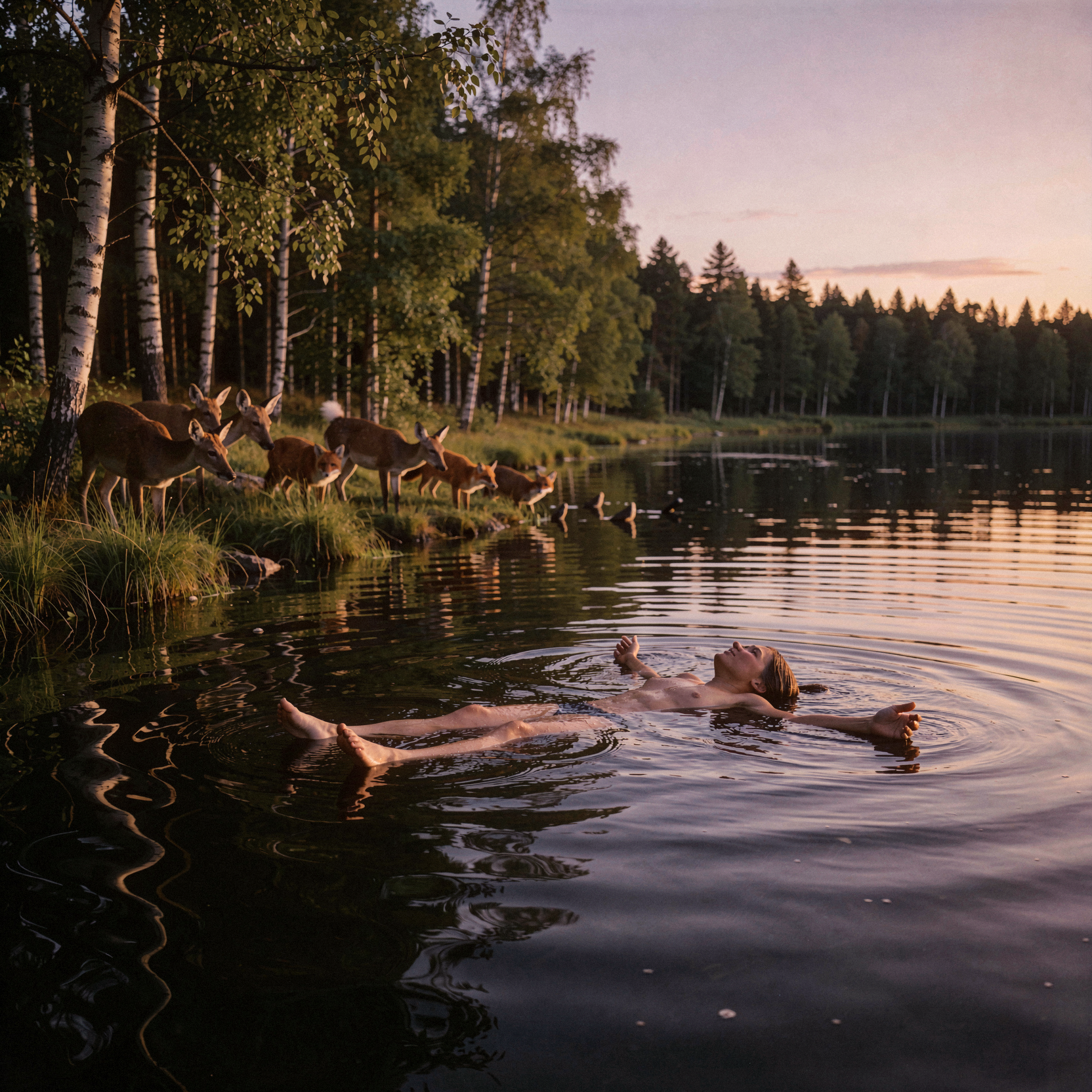 a candid documentary photograph of a person floating effortlessly on their back in the still dark water of a Scandinavian lake, arms and legs stretched out wide, face turned up toward the twilight sky with a serene expression. Surrounding the shoreline, a dense birch forest frames the scene, its white bark glowing softly in the fading light. From the tree line, a group of happy animals—deer, foxes, and birds—lean forward to gaze curiously at the floating figure. The water reflects the deep purple and orange hues of the warm summer evening sky. Shot on medium-format film with soft grain, gentle ripples disturb the surface near the body while the forest remains perfectly still, natural unretouched skin texture with subtle tonal variation and realistic highlights.