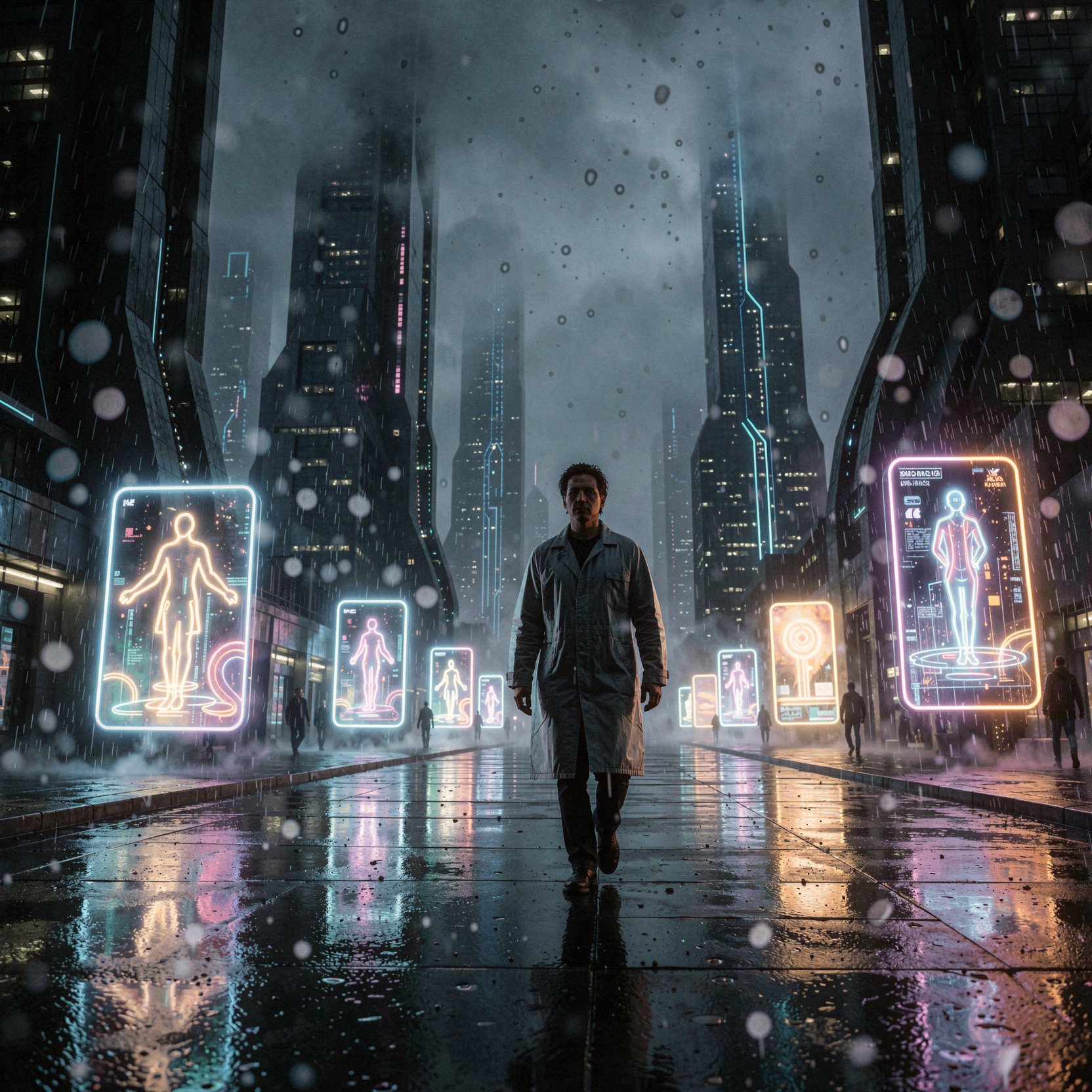 a candid documentary photograph of a solitary man strolling through a distant future city on a rainy night, the scene balancing promise and ambiguity with sleek obsidian towers piercing low-hanging mist and bioluminescent data-streams pulsing in the fog, wet reflective pavement mirroring neon holographic advertisements that flicker between hope and uncertainty, the figure wearing a translucent smart-fabric coat with subtle tonal variation and realistic highlights on natural unretouched skin, hair composed of individual damp strands clinging to the forehead with believable flyaways, composition places him in the middle ground walking toward the camera while foreground raindrops create soft bokeh circles against a deep background of impossible vertical architecture, cool blue and warm amber mixed lighting from street-level holograms casts gentle falloff and defined shadows on the wet asphalt, shot on 35mm Kodak Portra 400 with fine visible film grain, slight handheld framing imperfection, halation around bright light sources, atmospheric rain texture.