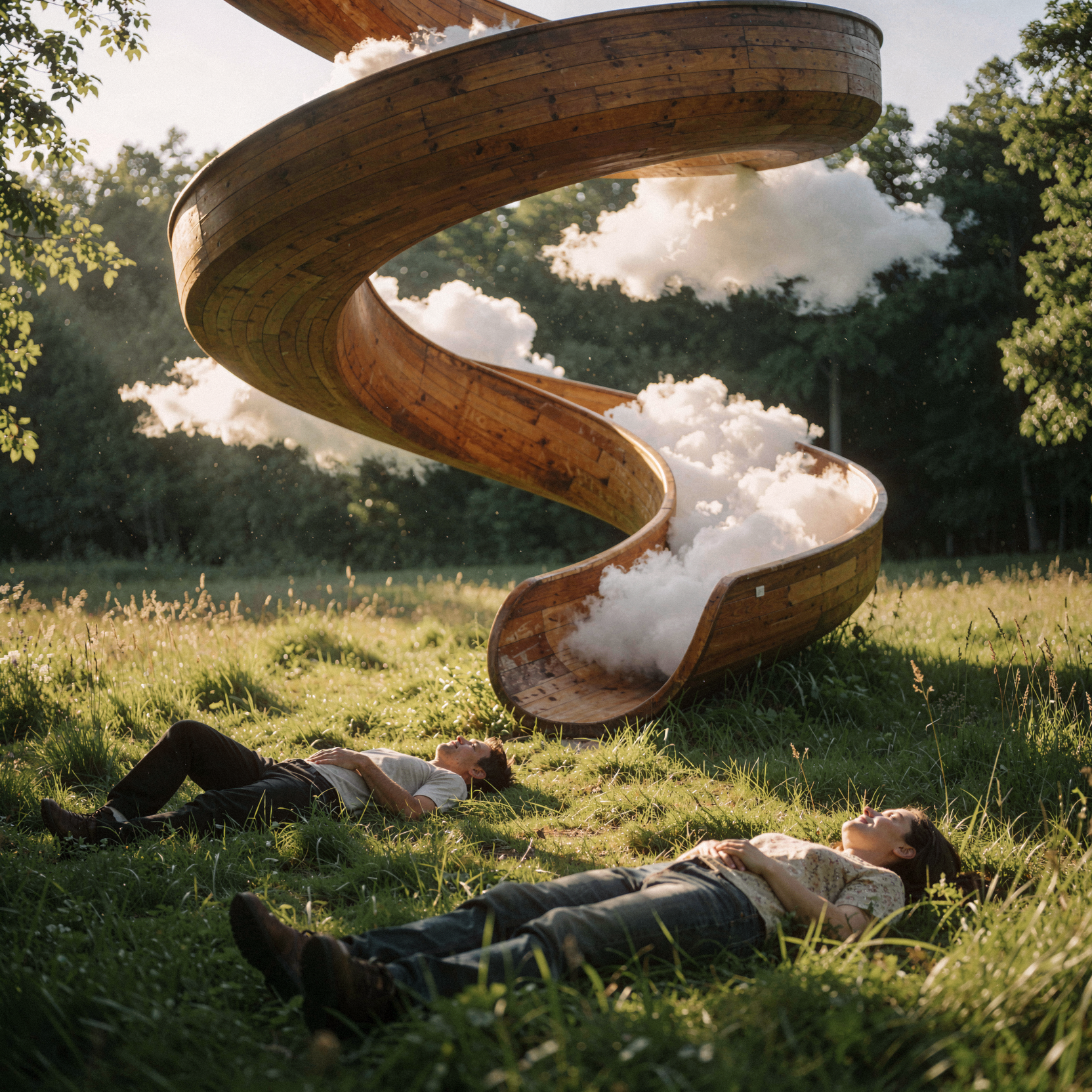 a realistic editorial photograph of a serene Scandinavian meadow in the warm afternoon sun, where we the people are laying in the lush green grass, enjoying the clean air and open sky; above them, a surreal architectural helical slide carved from warm mid-century wood spirals down through the atmosphere, carrying heavy tufts of white cumulus cloud as if they were solid objects sliding along its polished curves, merging the grounded pastoral scene with impossible sky-logic, natural unretouched skin texture with subtle tonal variation on the relaxed figures, soft dappled sunlight filtering through the grass, shot on medium-format Portra 160, soft grain and gentle highlight rolloff, slight handheld framing imperfection, dust motes dancing in the light.