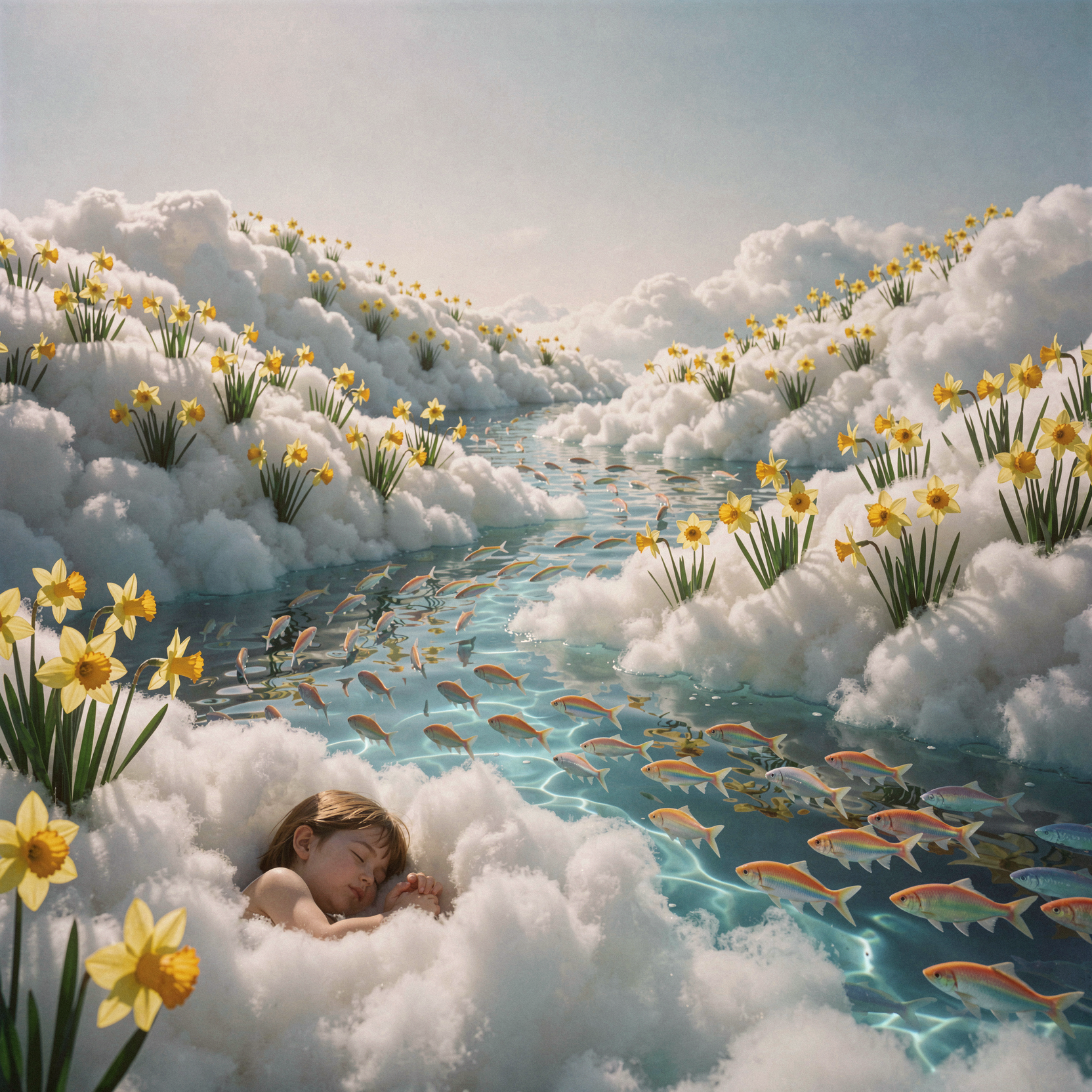 a realistic editorial photograph of a surreal dreamscape where vast, billowing white clouds form rolling hills dotted with vibrant yellow daffodils, while the valleys between them overflow with translucent cerulean water teeming with shimmering rainbow-colored fish swimming through the air. A small child sleeps peacefully in the foreground, cradled within a nest of soft cloud-stuff, embodying the fragility of the moment. The composition blends the ethereal sky with the aquatic depths, creating a seamless transition between flora and fauna in an impossible geography. Soft diffused daylight illuminates the scene from above, casting gentle shadows and highlighting the wet scales of the flying fish and the delicate petals of the clouds-daffodils. Shot on 35mm Kodak Portra 400 with fine visible film grain, slight handheld framing imperfection, natural skin texture with subtle tonal variation, realistic water reflections, and a smooth untextured sky gradient in the far background.