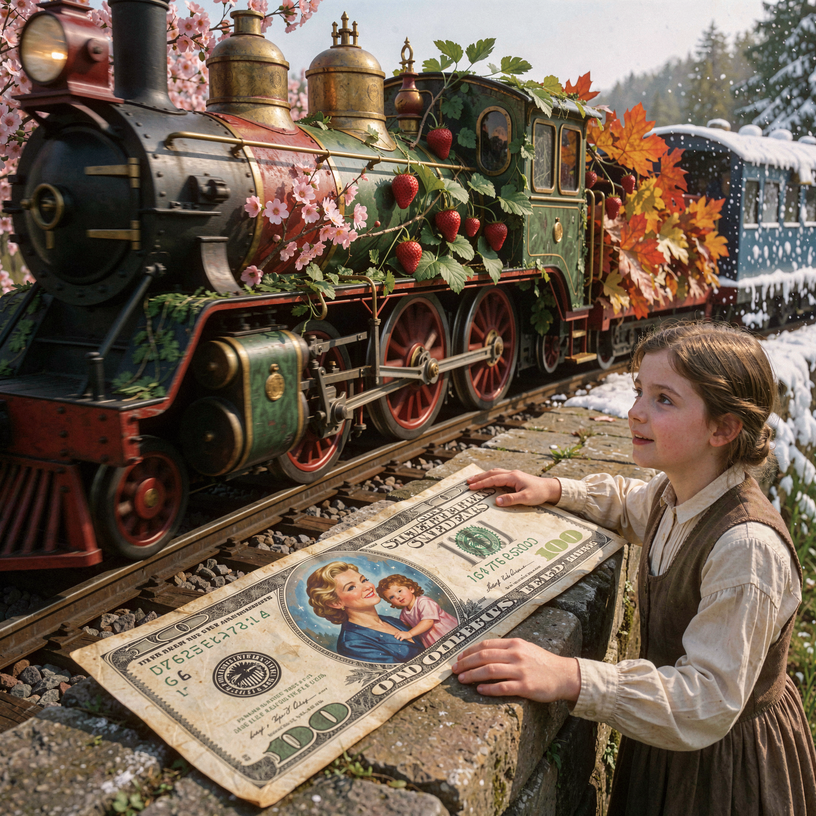 a realistic editorial photograph of an ornate 18th-century steam locomotive traversing a surreal circular track that embodies the wheel of seasons, with the train's body seamlessly transitioning through spring cherry blossoms, summer strawberry vines, autumn maple leaves, and winter snowdrifts. In the foreground, a weathered hundred-dollar bill rests on a stone platform, its portrait replaced by a hand-painted fantasy of a movie star holding a child, symbolizing the choice between fame and family. A young, starry-eyed newcomer in vintage attire stands beside the bill, reaching out with hopeful anticipation, their face illuminated by the soft glow of the passing train. The scene is captured with natural lighting, highlighting the textures of the painted currency, the organic materials of the seasonal train, and the realistic skin texture of the newcomer, shot on 35mm Kodak Portra 400 with fine visible film grain and slight motion blur on the train wheels.